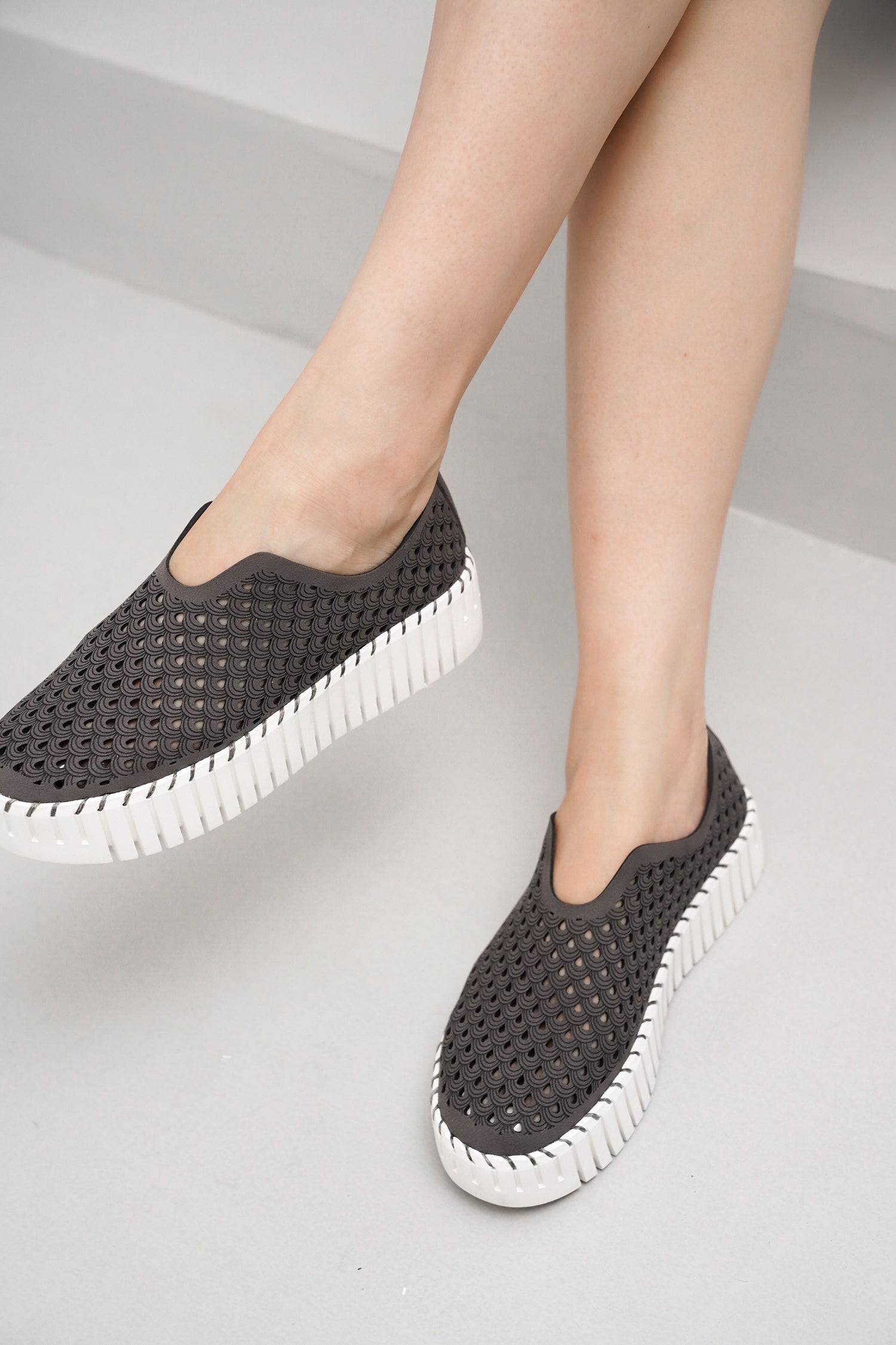 Project Cloud grey perforated leather loafers with white sole, women's slip-on work shoes.