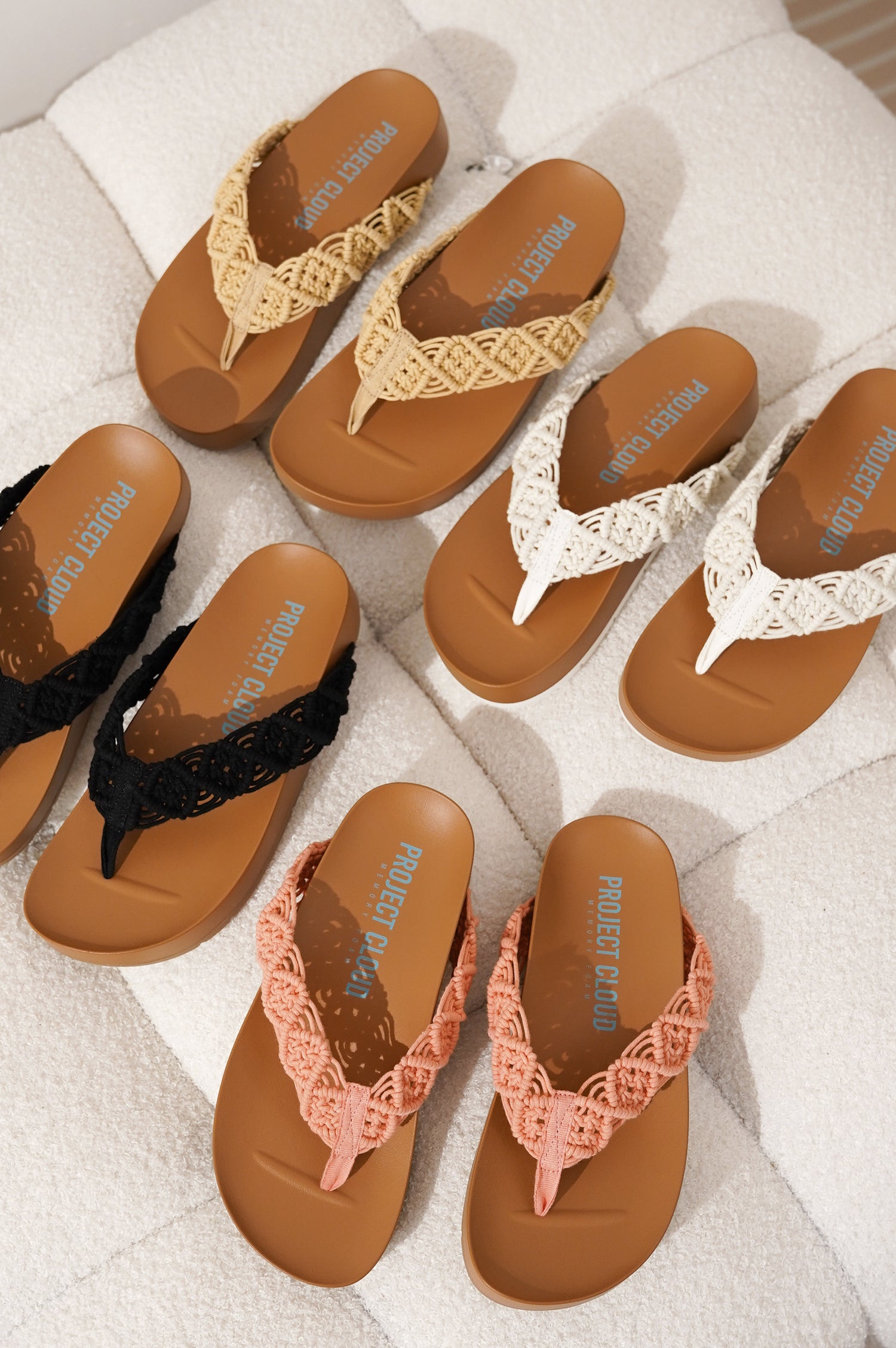 Project Cloud "Hammock" sandals, various colors, crochet straps, memory foam insole.