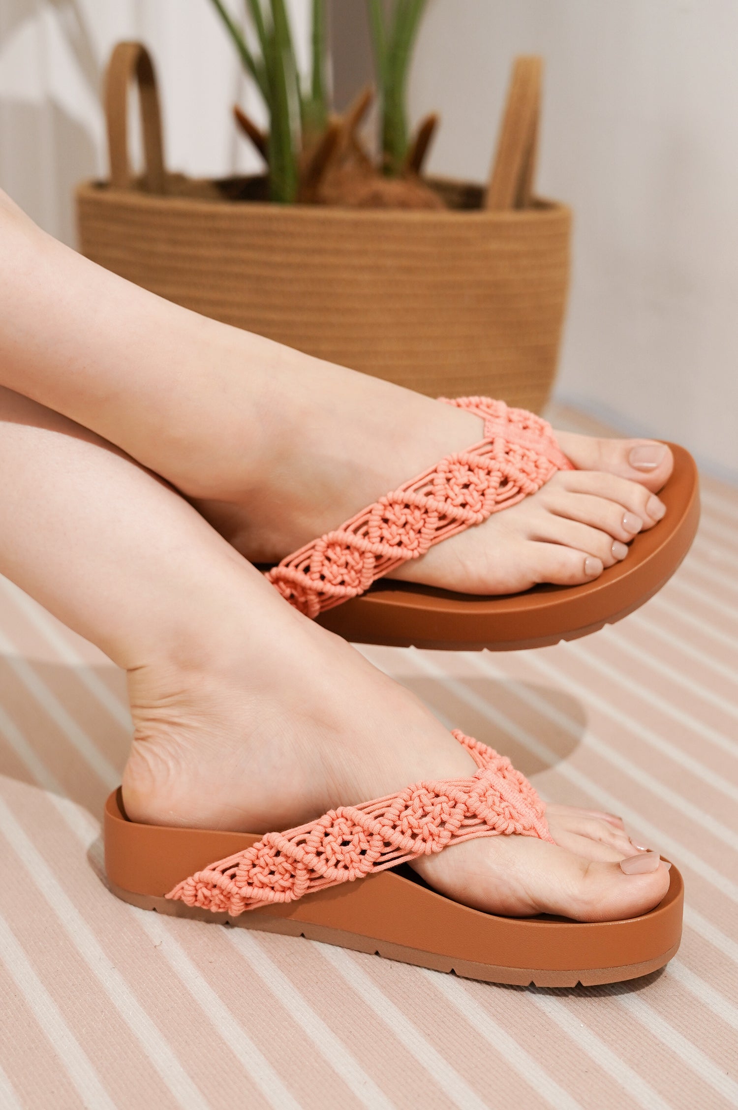 Project Cloud Hammock coral sandals, macrame strap, brown sole. Women's stylish and lightweight footwear.