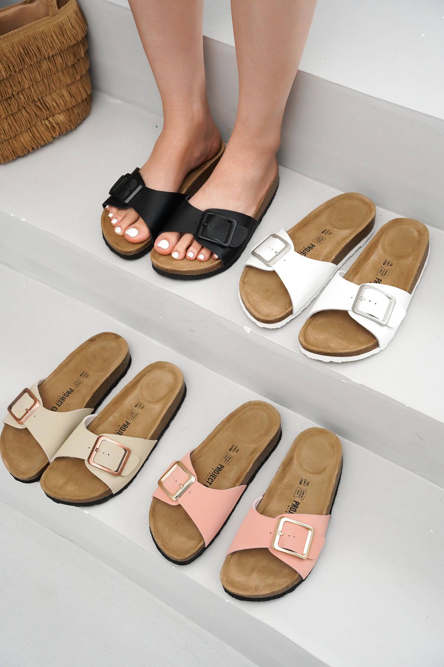 Women's Project Cloud leather sandals, various colors, cork footbed. Summer style.
