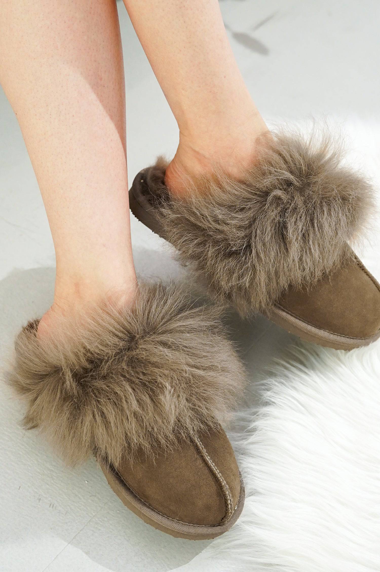 Ryann Women's Australian Sheepskin Scuff Slippers in brown suede with shearling trim, cozy comfort