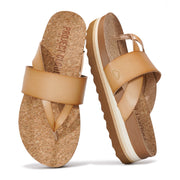 Project Cloud Raft vegan leather wedge sandals in tan with cork footbed, anti-slip sole and Project Cloud logo.