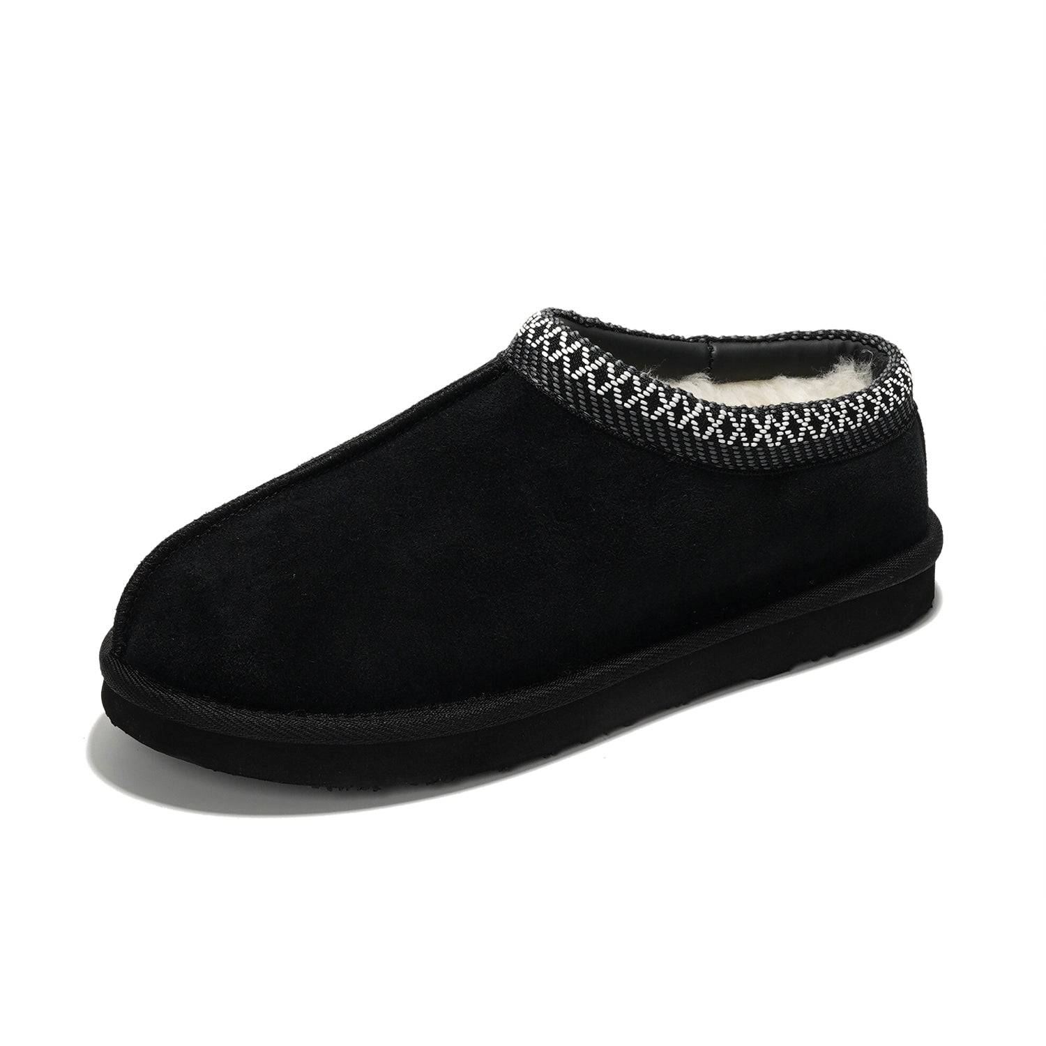 Black suede men's Australian sheepskin slippers with memory foam and non-slip sole, patterned trim, indoor & outdoor wear.