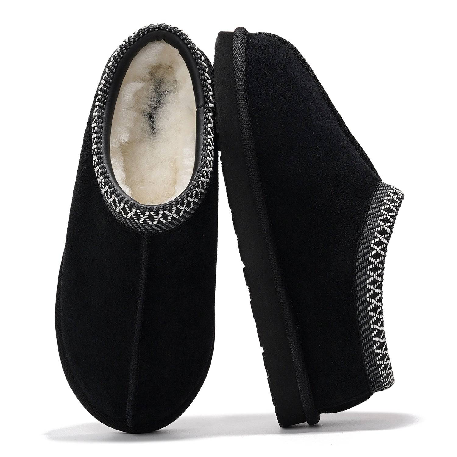 Black suede men's Australian sheepskin slippers with memory foam, non-slip sole, and decorative trim.
