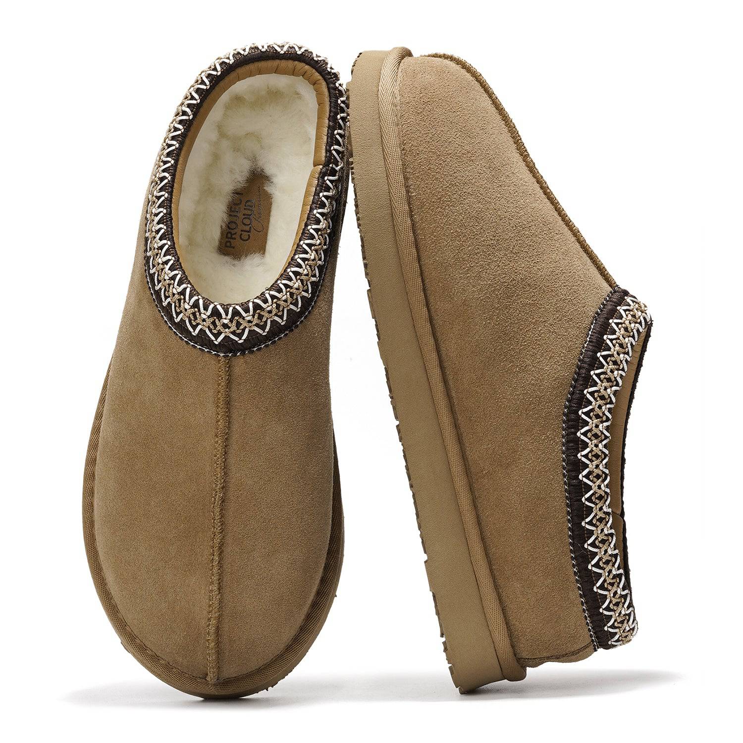 Project Cloud Australian Sheepskin Men's Slippers, brown suede with memory foam and non-slip sole, indoor & outdoor footwear.