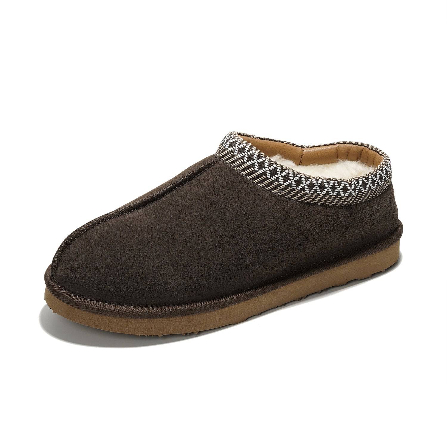 Brown suede men's Australian sheepskin slippers with a non-slip sole and patterned trim.
