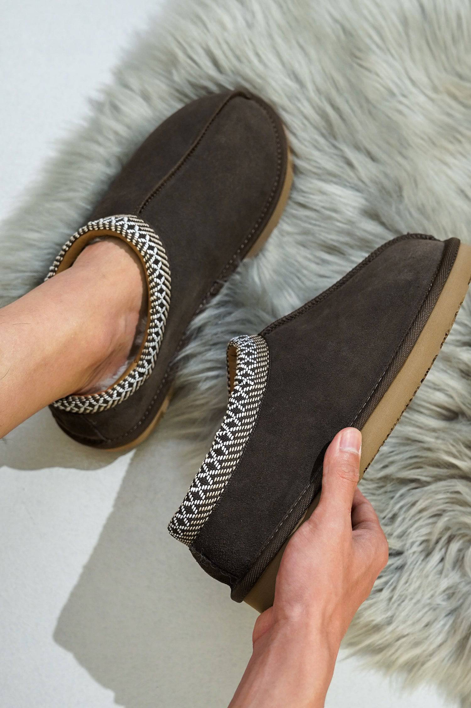 Brown suede Australian sheepskin men's slippers with memory foam and non-slip sole, perfect for relaxation.