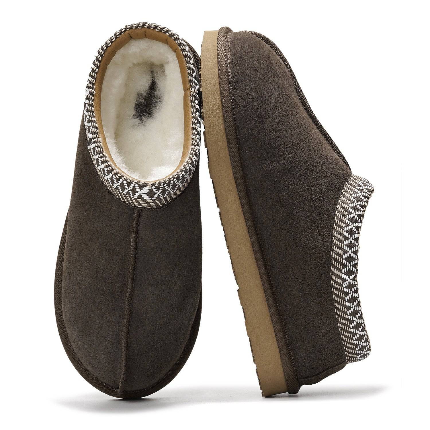 Brown Australian sheepskin men's slippers with memory foam, non-slip sole, and stylish design