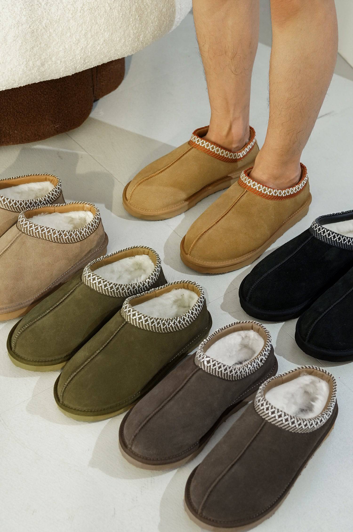 Men's Australian sheepskin slippers in various colors, memory foam and non-slip sole.