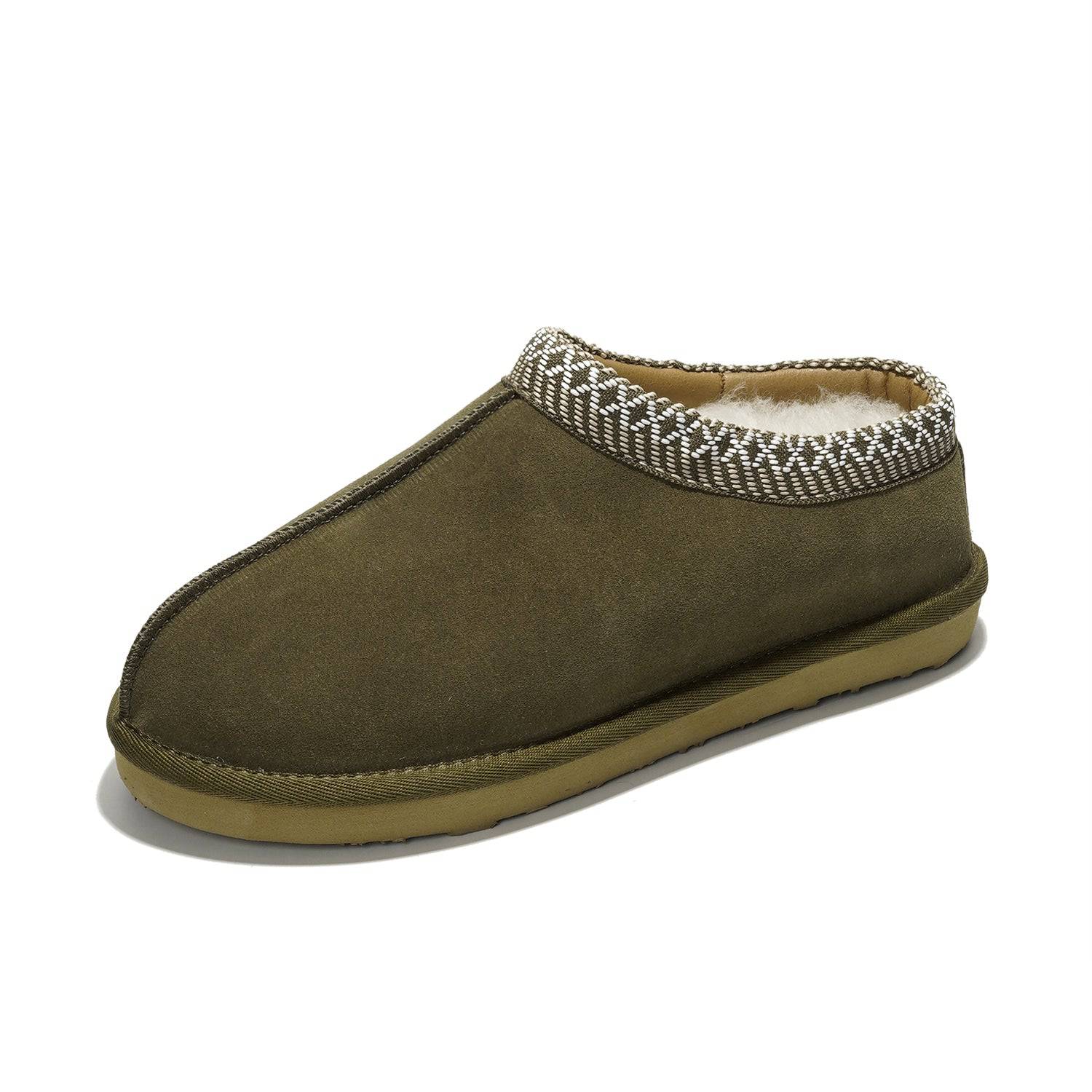 Olive green men's Australian sheepskin slipper with memory foam and non-slip sole.