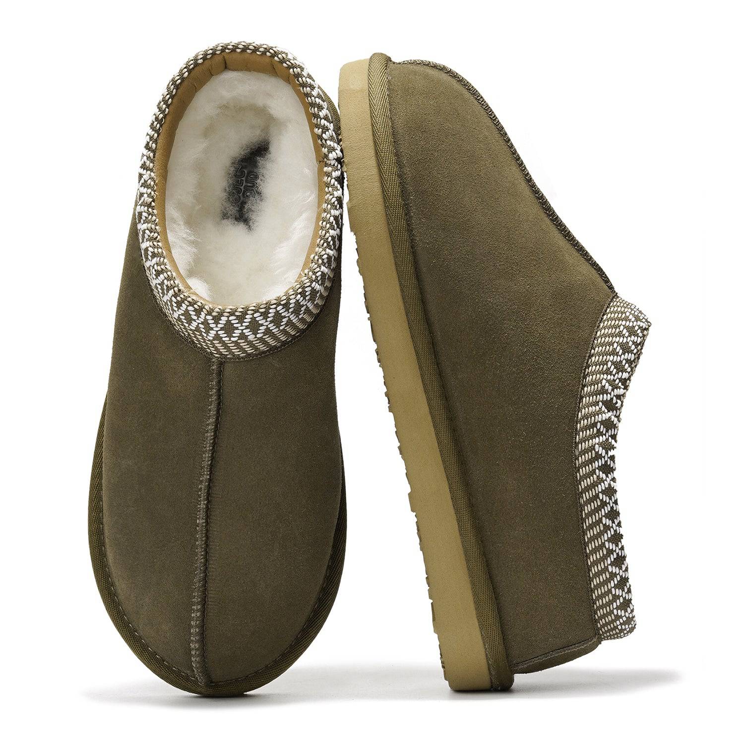 Olive green suede men's sheepskin slippers, memory foam, non-slip sole, indoor/outdoor.