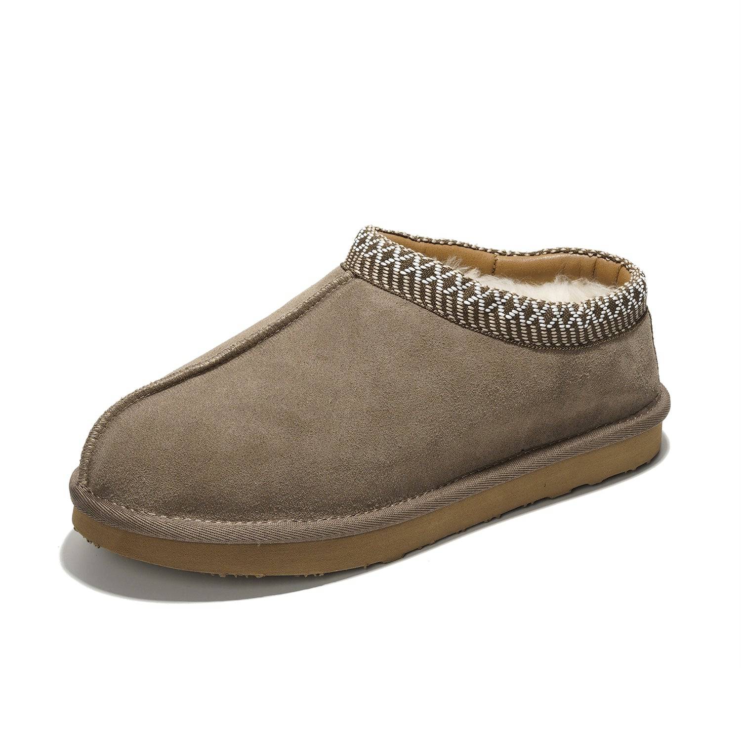 Brown suede Australian sheepskin men's slippers with memory foam and non-slip sole, suitable for indoor & outdoor wear.