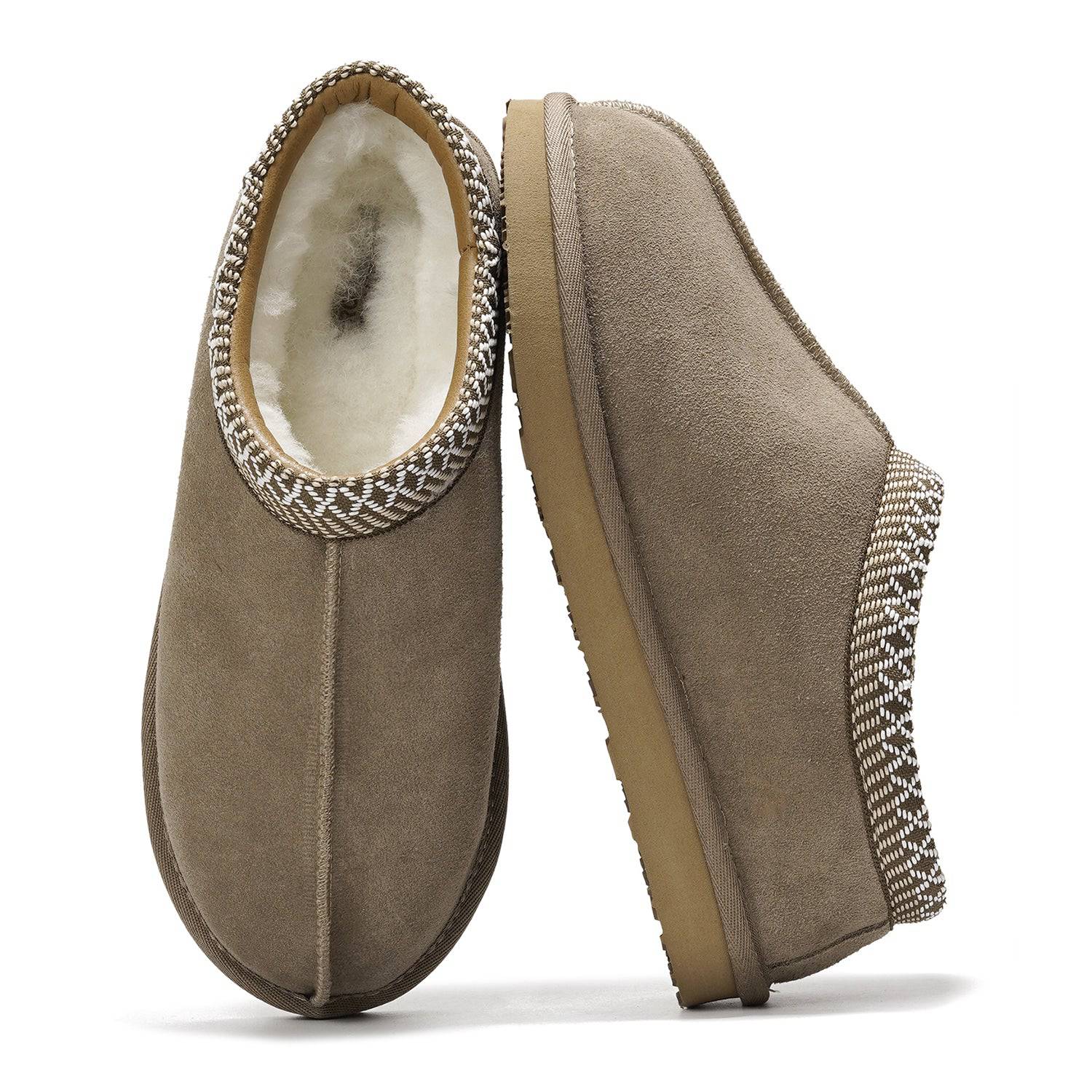 Brown suede Australian sheepskin men's slippers with memory foam and non-slip sole.