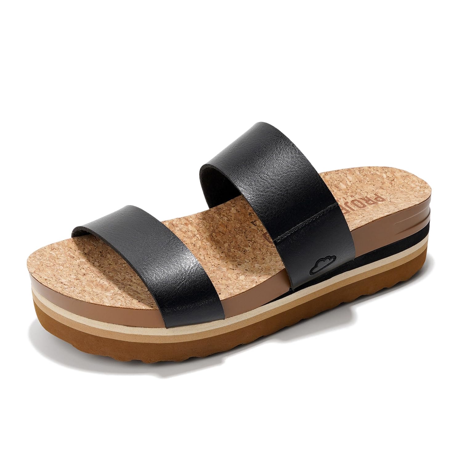 Project Cloud Riptide vegan leather sandals, black straps, cork footbed, platform sole, memory foam for everyday wear.