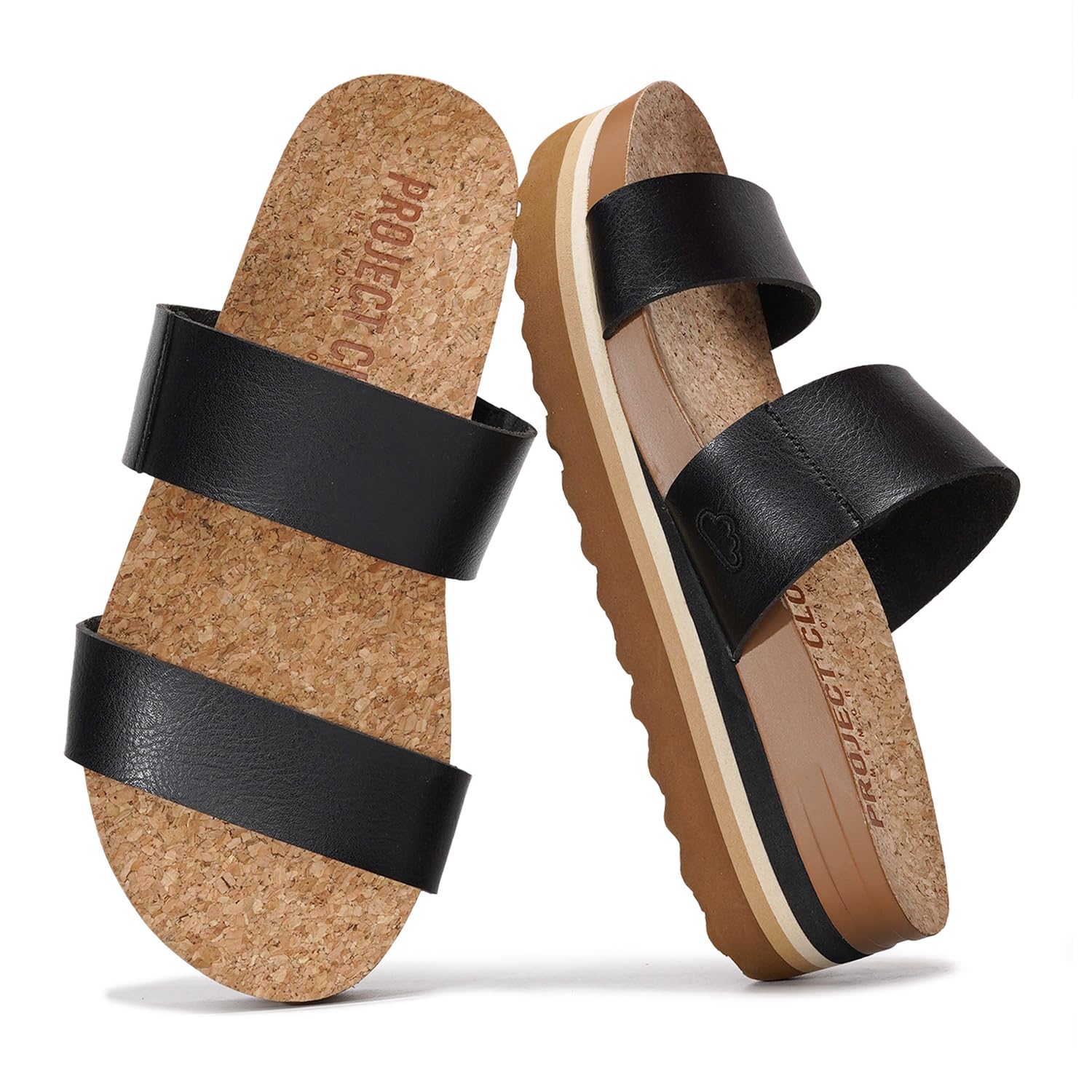 Project Cloud Riptide vegan wedge sandals with black straps and cork footbed platform sole, featuring Project Cloud logo.