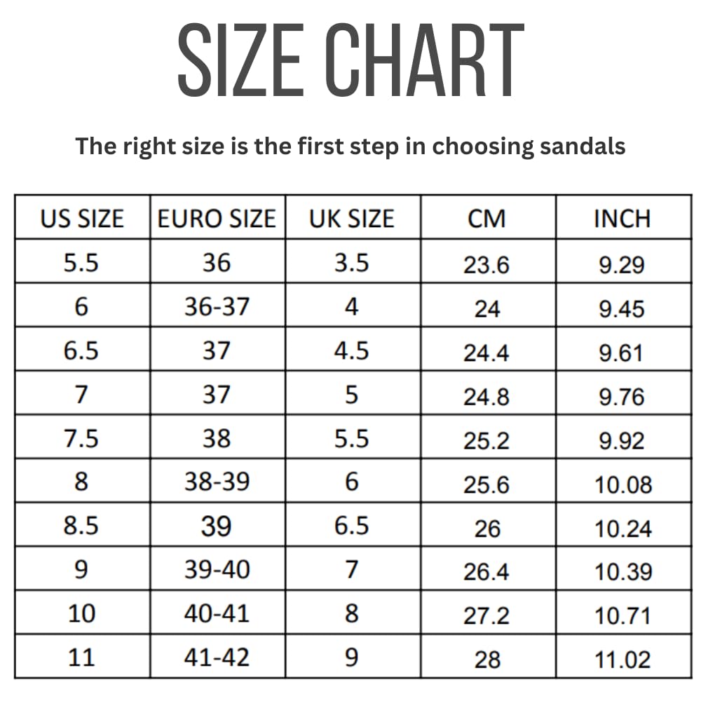 Project Cloud Riptide sandals size chart, including US, Euro, UK, CM, and inch sizes for accurate fit.