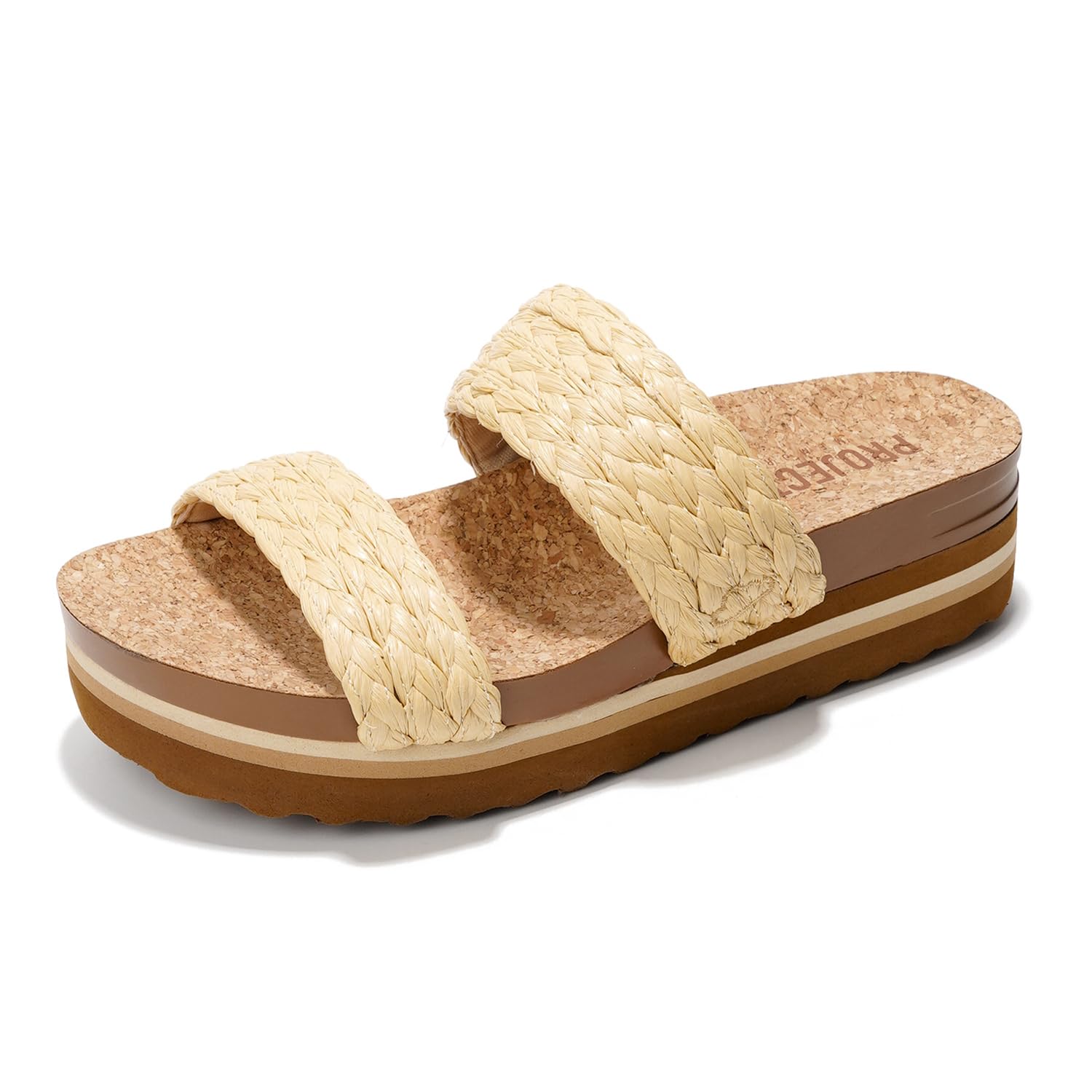 Project Cloud Riptide vegan sandals with woven raffia straps and cork footbed platform sole, perfect for everyday wear.