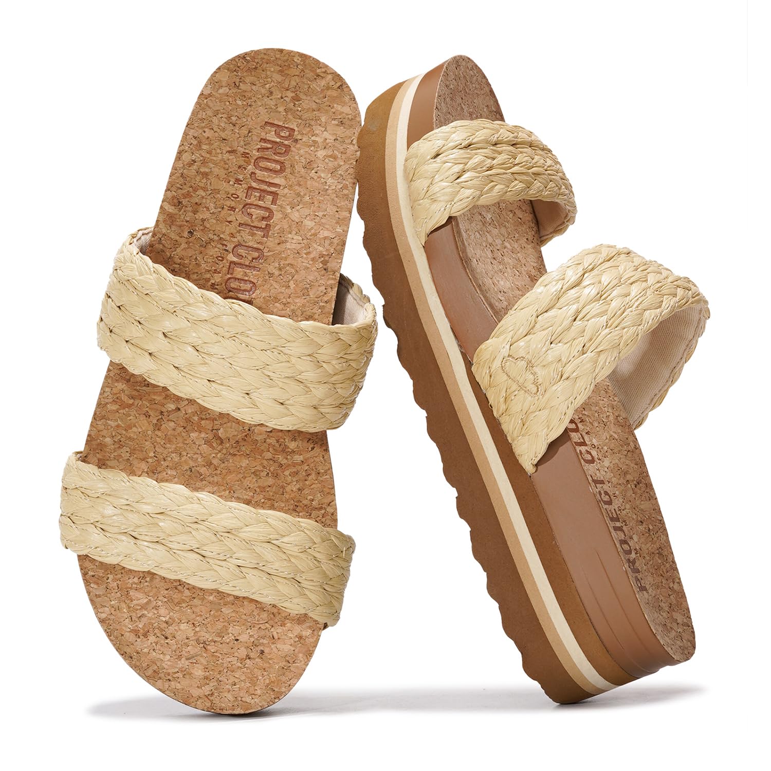 Project Cloud Riptide vegan wedge sandals with raffia straps. Lightweight, non-slip, everyday wear.