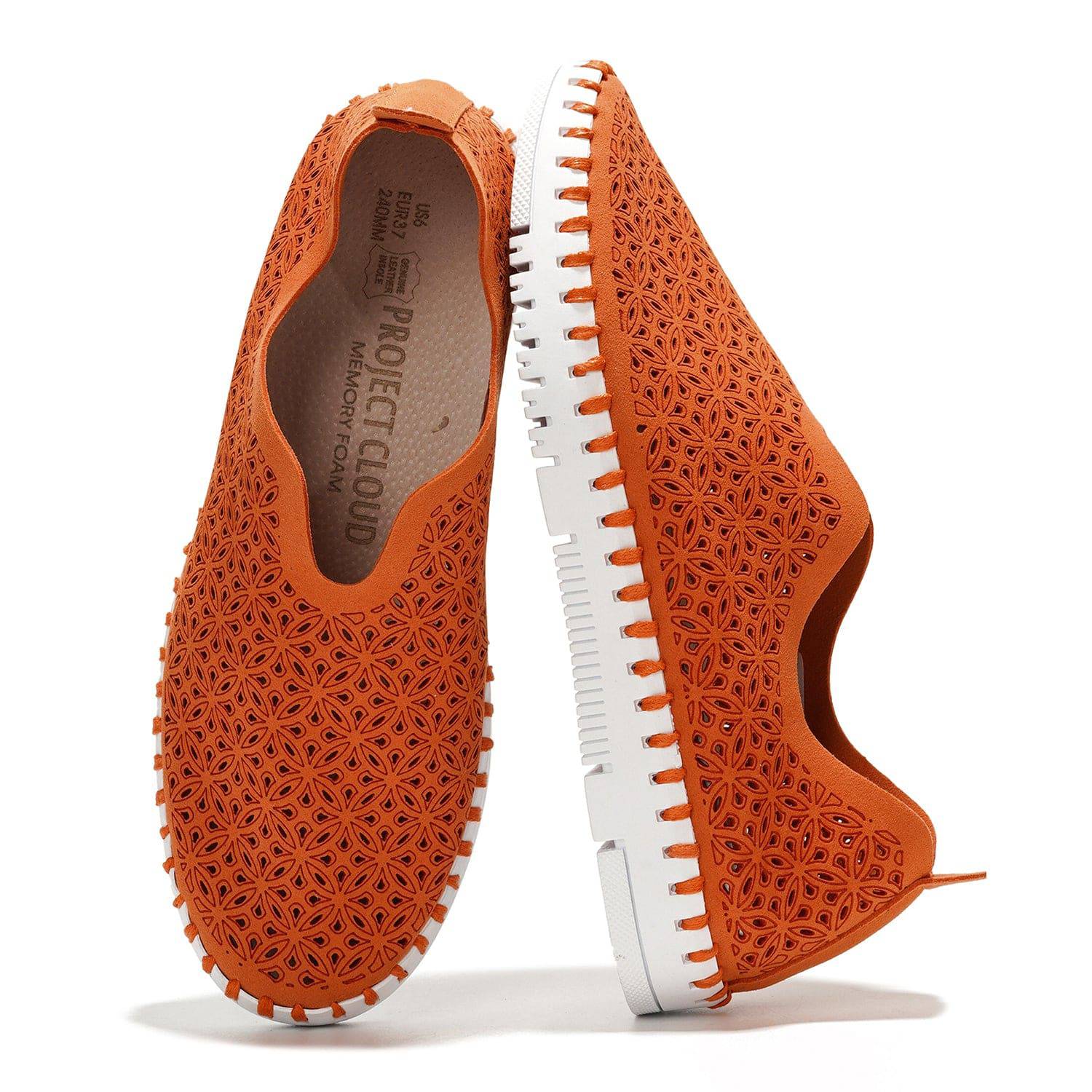 Rose orange perforated slip-on sneakers for women. Project Cloud memory foam insole and leather sole.