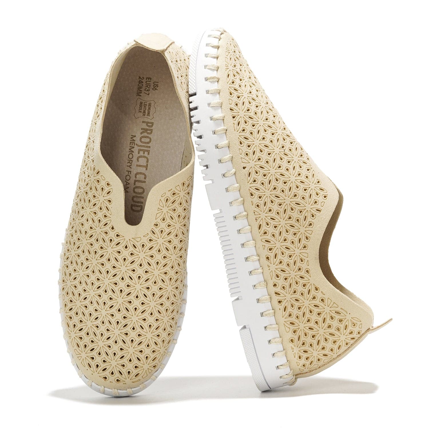 Beige Rose slip-on sneakers for women. Perforated, Project Cloud, memory foam insole. Lightweight, breathable.