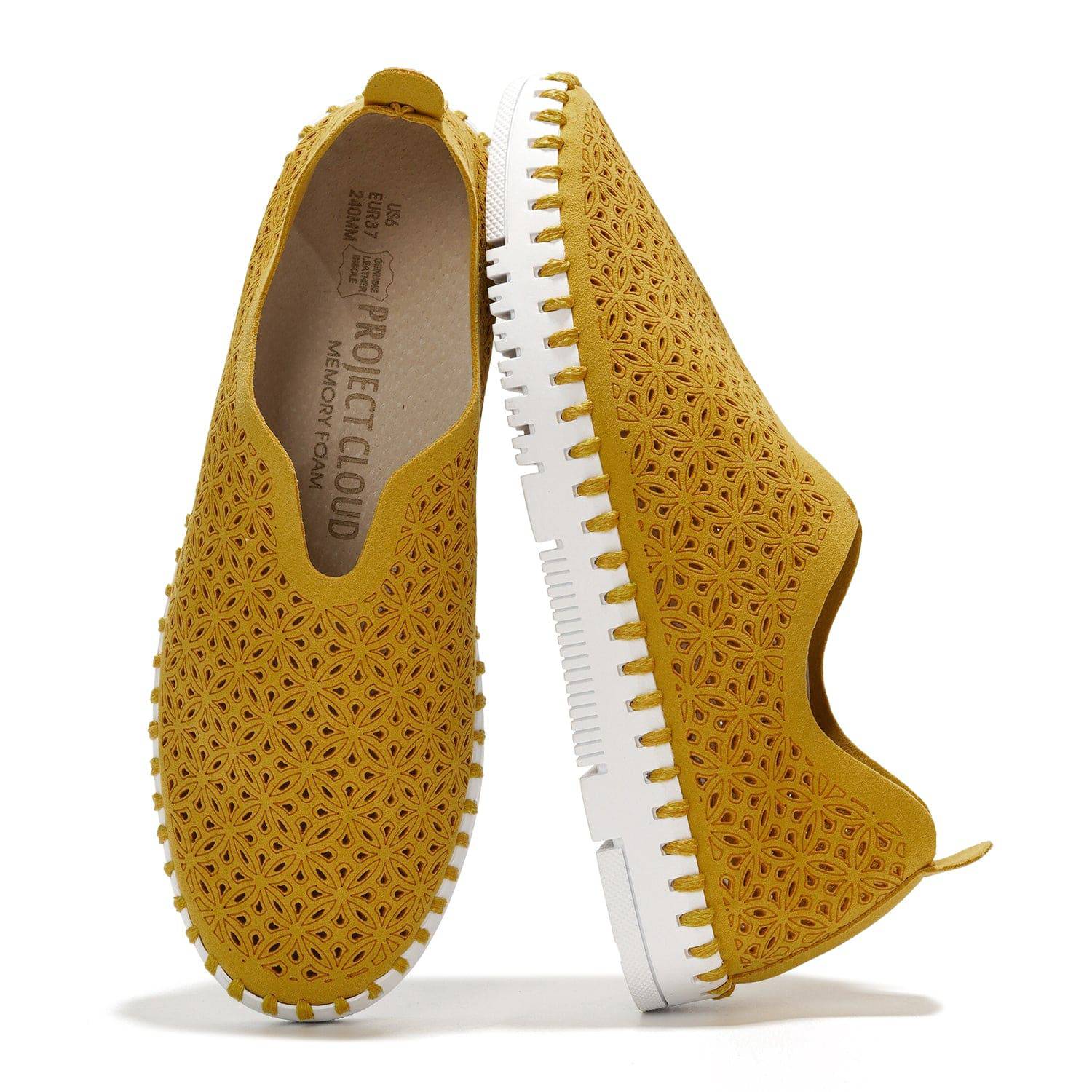 Mustard yellow perforated slip-on sneakers for women, Project Cloud memory foam insole, leather insole, and white sole.