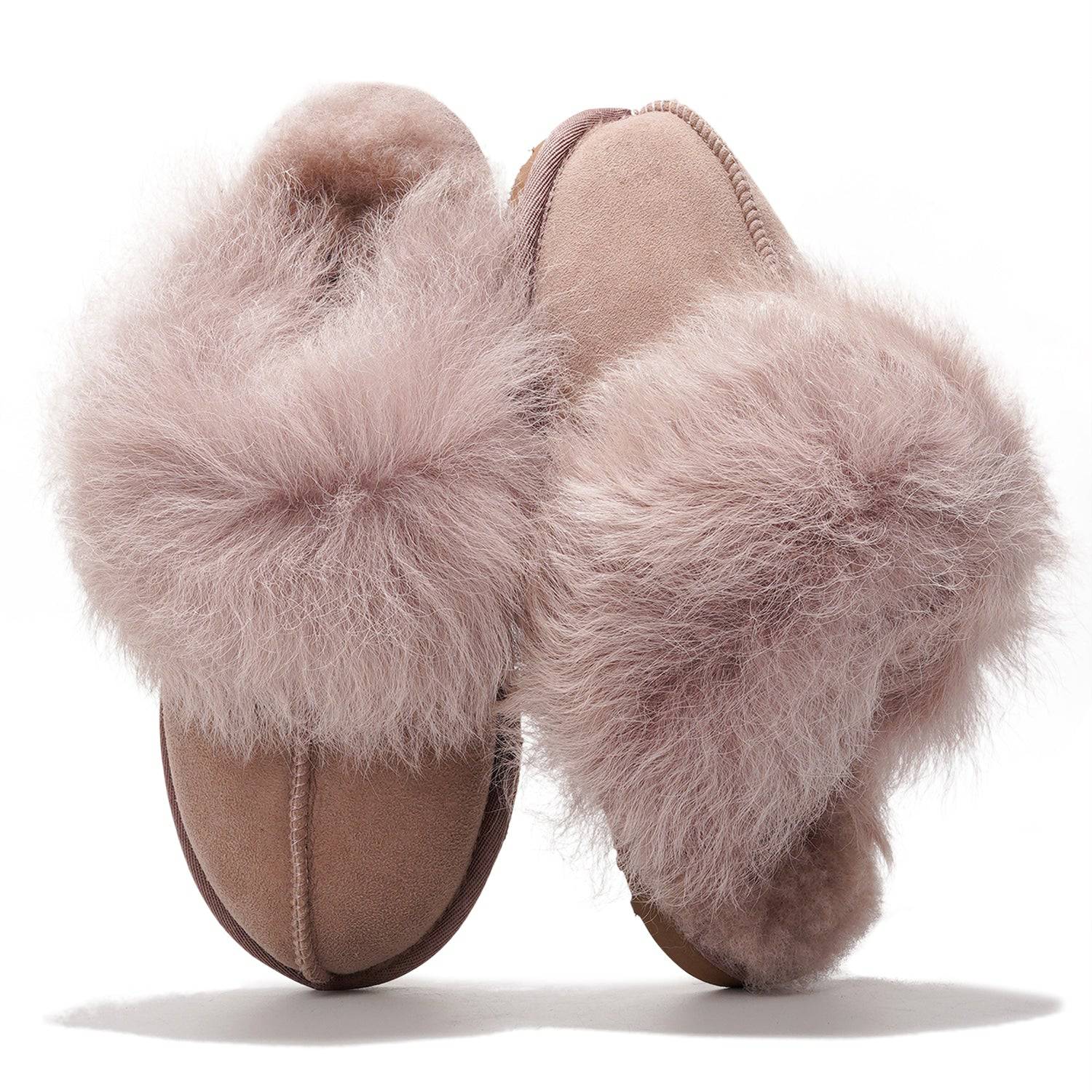 Ryann Women's Sheepskin Scuff Slippers in soft suede with fluffy shearling trim, comfortable and stylish.