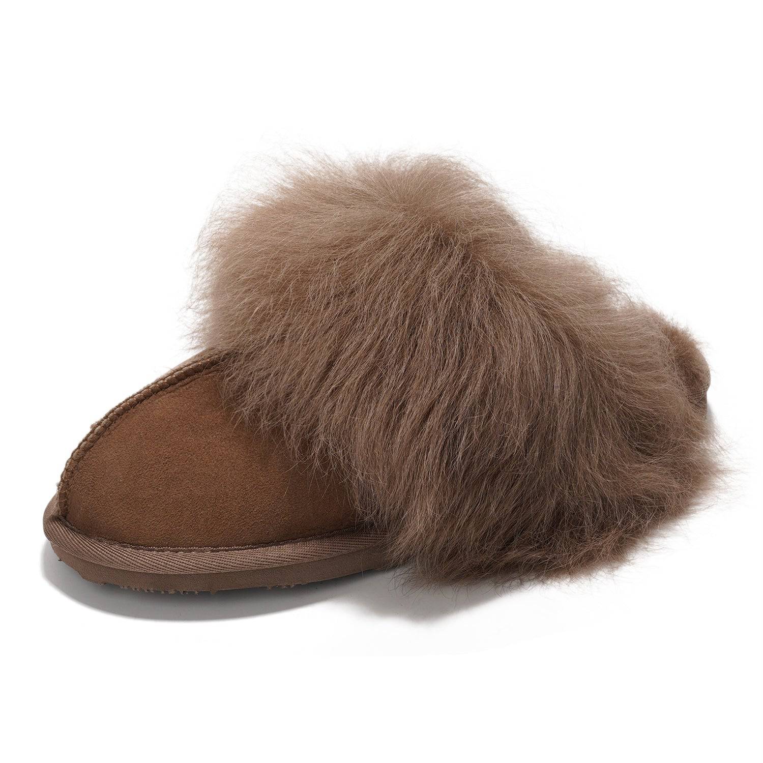 Ryann Women's brown suede sheepskin scuff slippers with shearling trim
