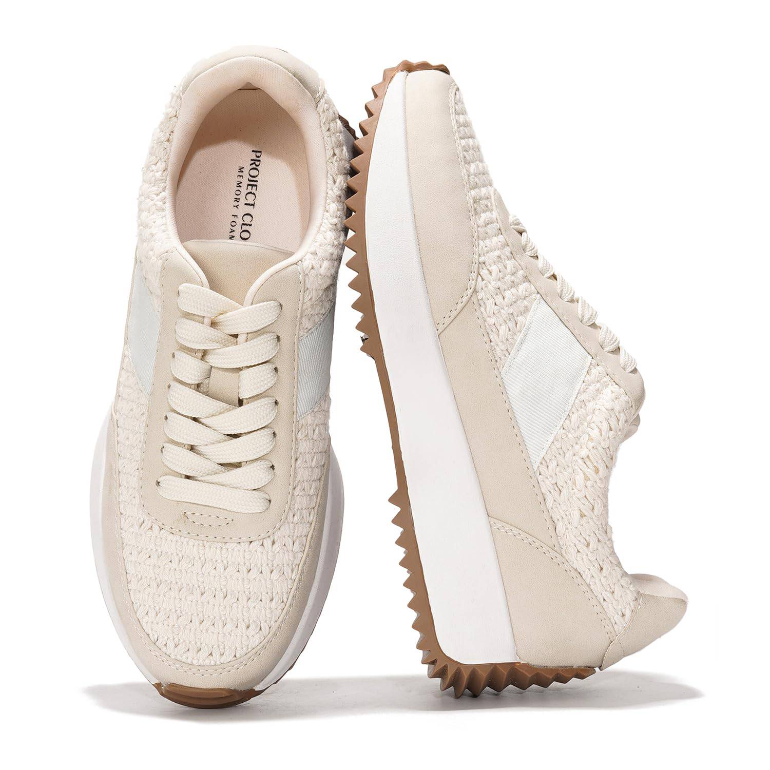Project Cloud Serena women's sneakers with memory foam insoles, lace-up design, and non-slip rubber sole in cream.