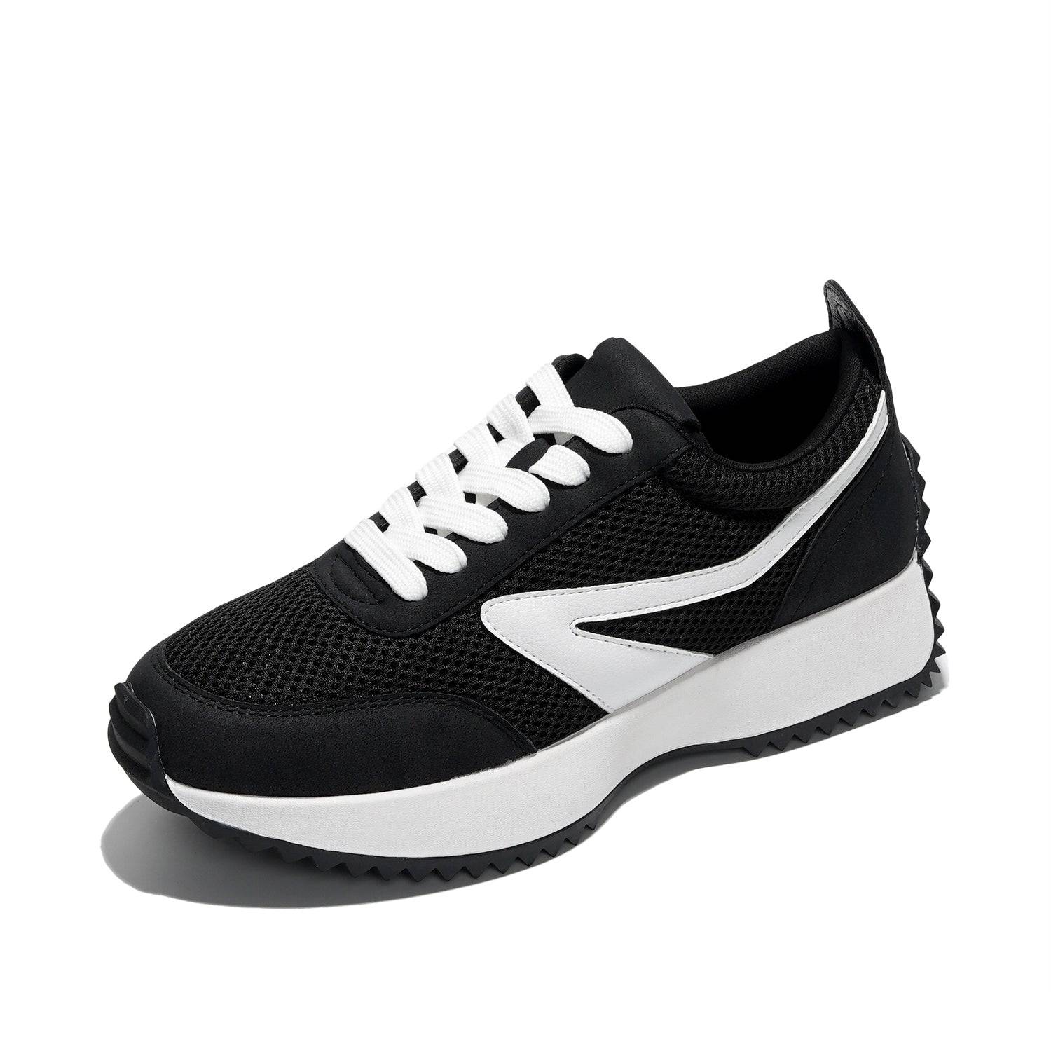 Black and white Project Cloud Serena sneakers, lace-up design, mesh upper, memory foam insole.