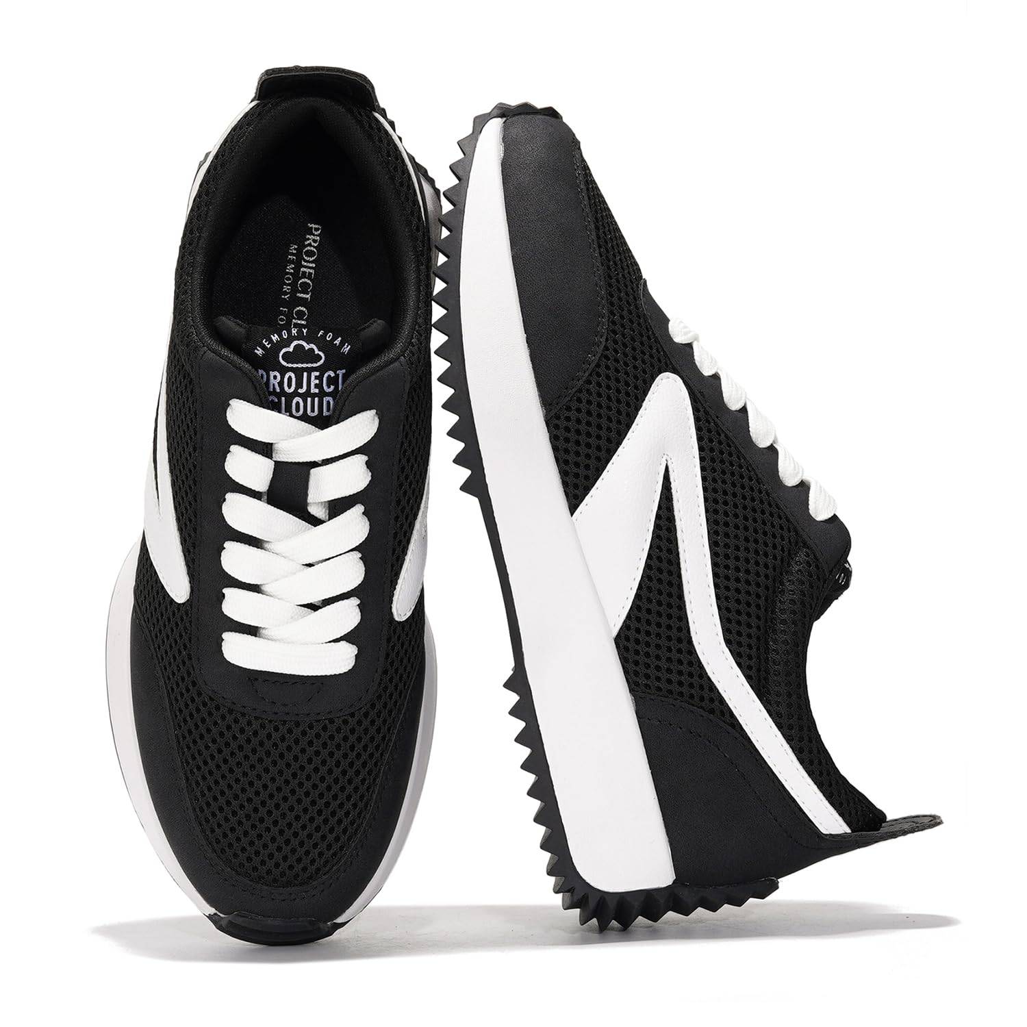 Project Cloud Serena black sneakers with memory foam, lace-up, non-slip sole. Mesh design.