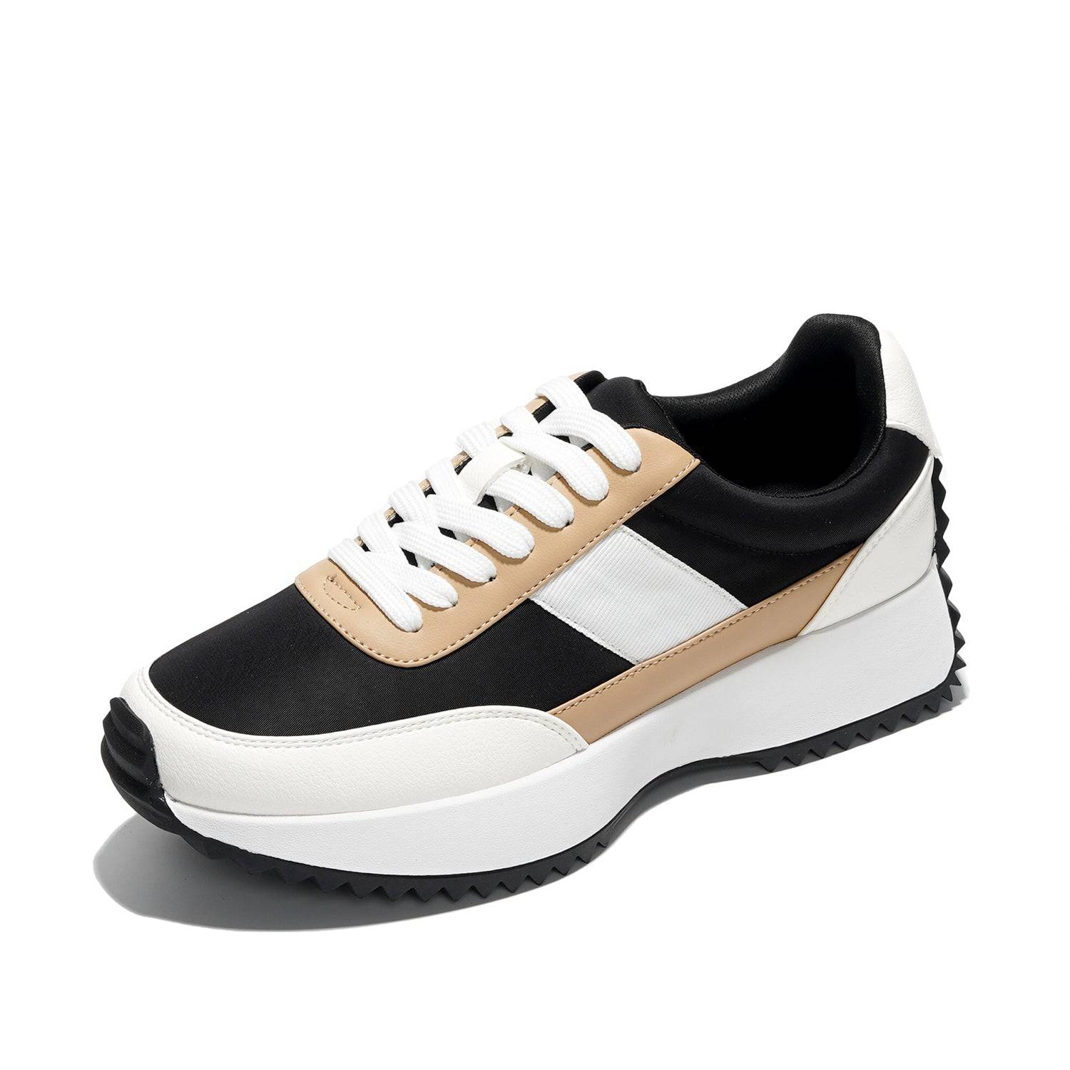 Project Cloud Serena women's sneaker, black, white, and tan colorway, lace-up design, non-slip sole, memory foam.