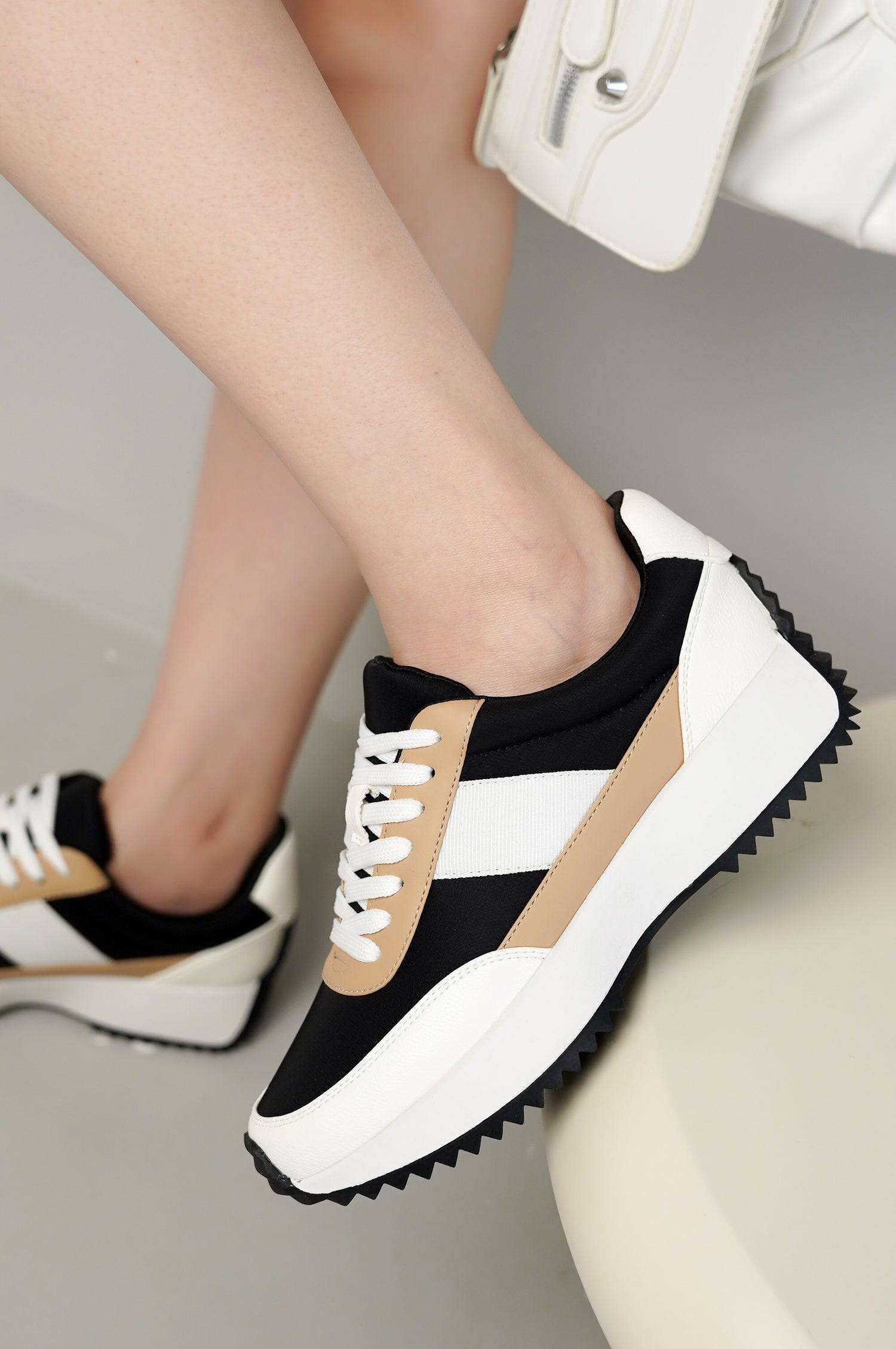Project Cloud Serena sneakers, black, white, tan colorblock. Lace-up, non-slip sole. Stylish and comfortable.
