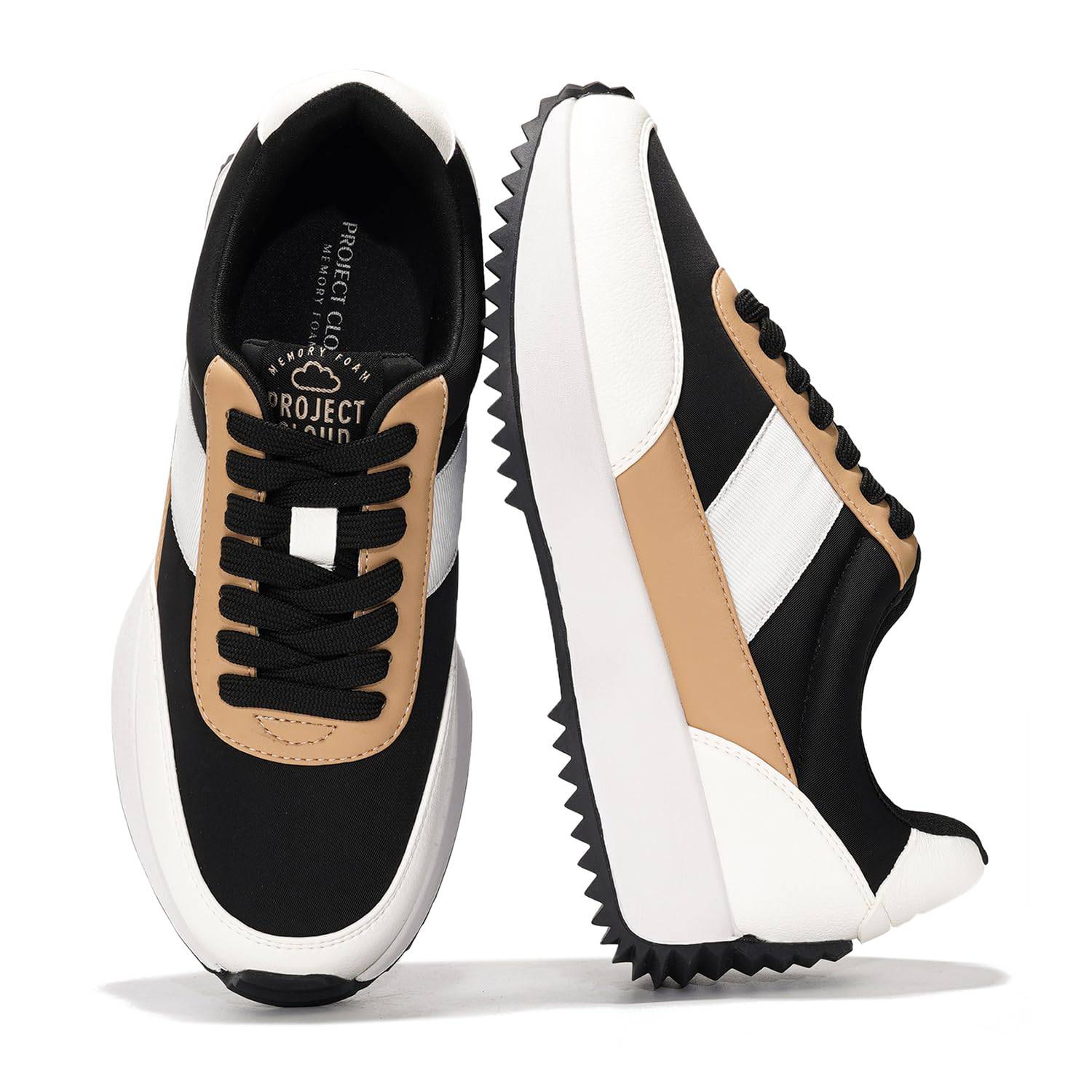 Project Cloud Serena women's sneakers: black, white, tan colorway, memory foam, non-slip sole. Lace-up design.