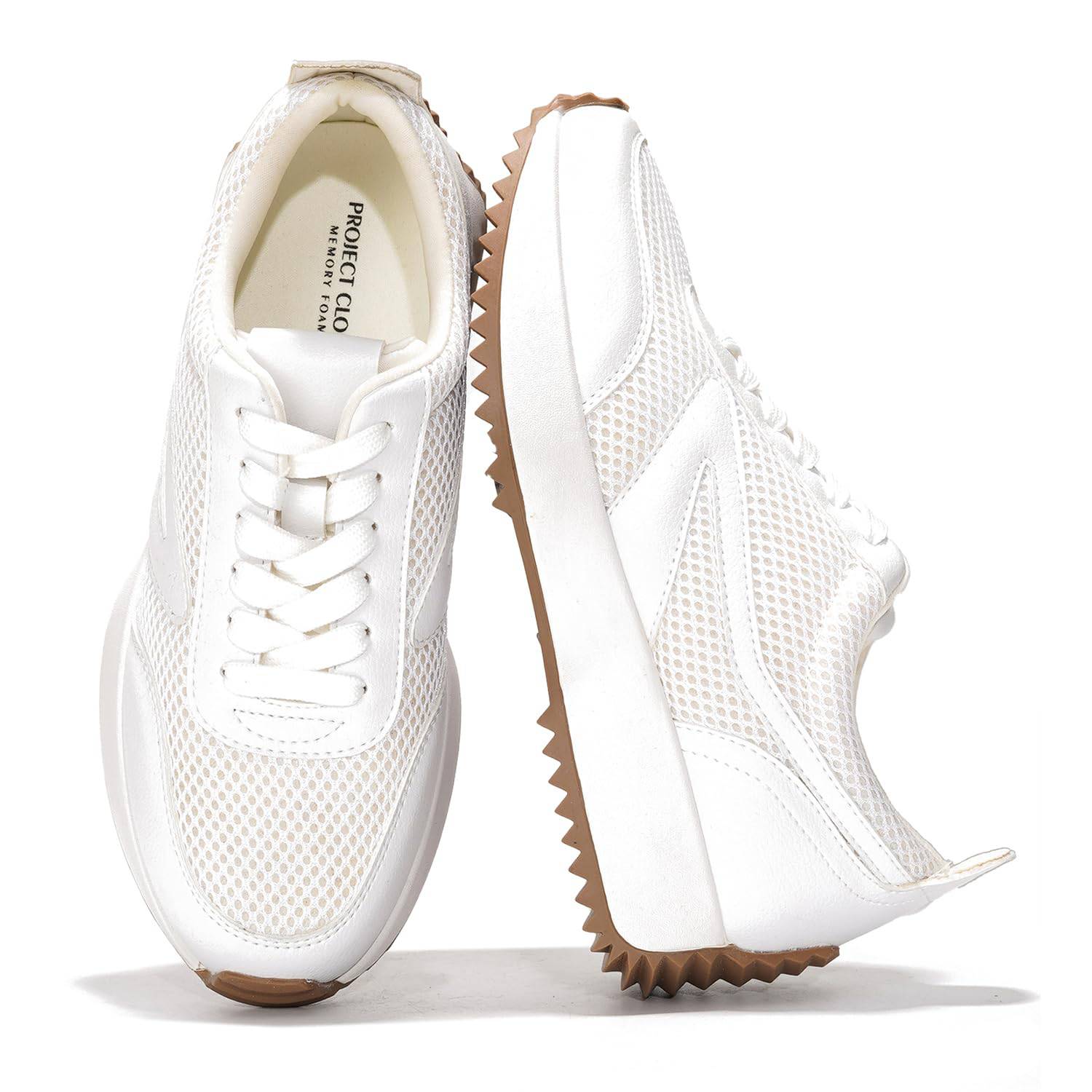 White Project Cloud Serena women's sneakers, mesh upper, memory foam, non-slip sole, lace-up design.