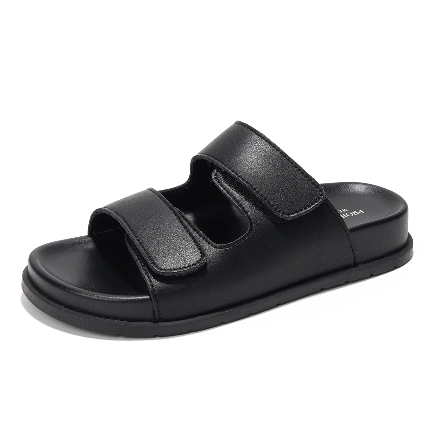 Project Cloud Sleek Platform Sandals in Black Leather, Adjustable Straps, Memory Foam, Women's Comfort Sandals.