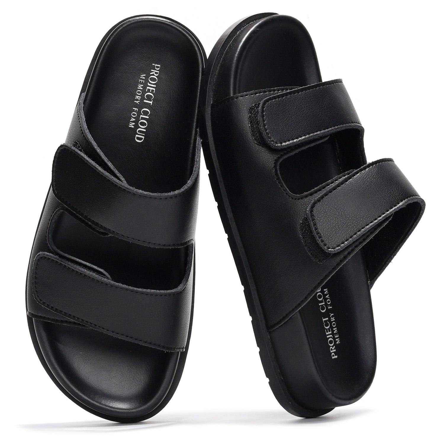 Project Cloud Black Leather Platform Sandals with Memory Foam for Women