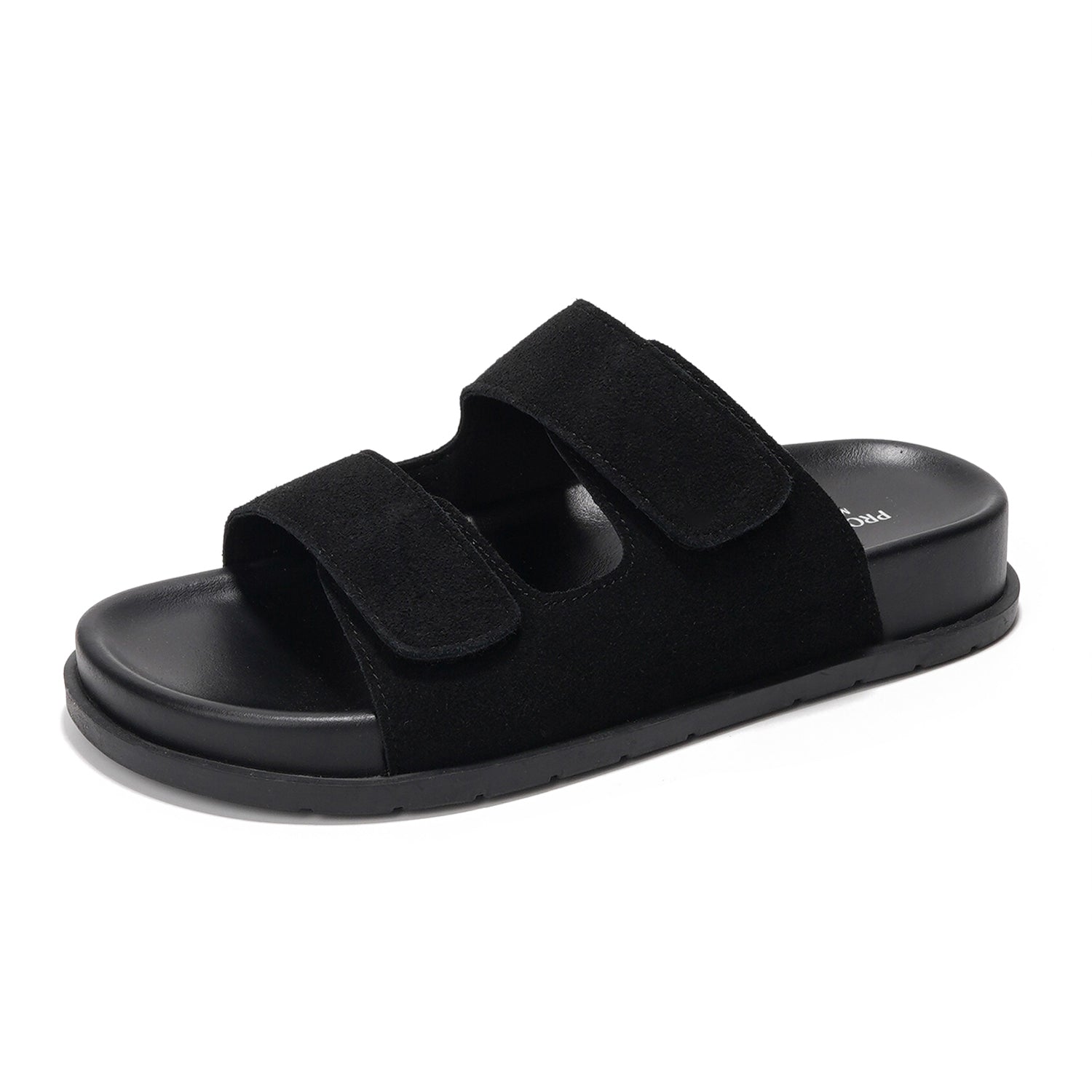 Project Cloud Sleek Platform Sandals in Black Suede for Women, Adjustable Straps, Memory Foam