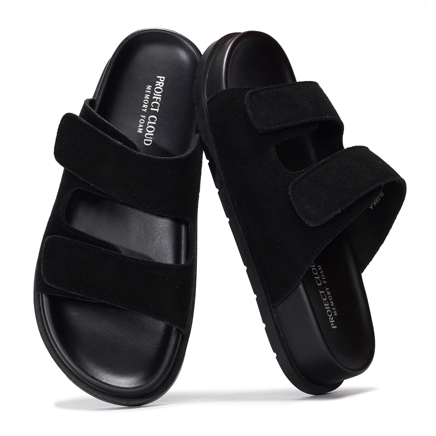 Project Cloud "Sleek" Platform Sandals in Black Suede, Adjustable Straps, Memory Foam, Women's Platform Sandals
