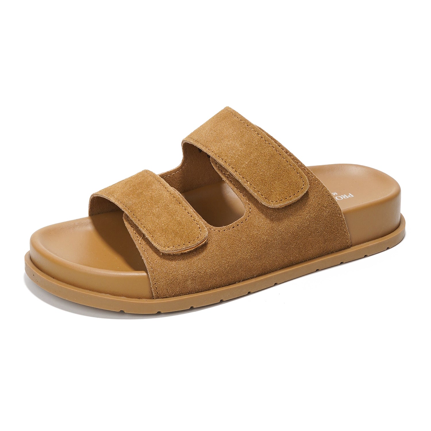 Project Cloud Sleek Platform Sandals in tan suede, adjustable straps, memory foam, women's comfortable platform sandals.