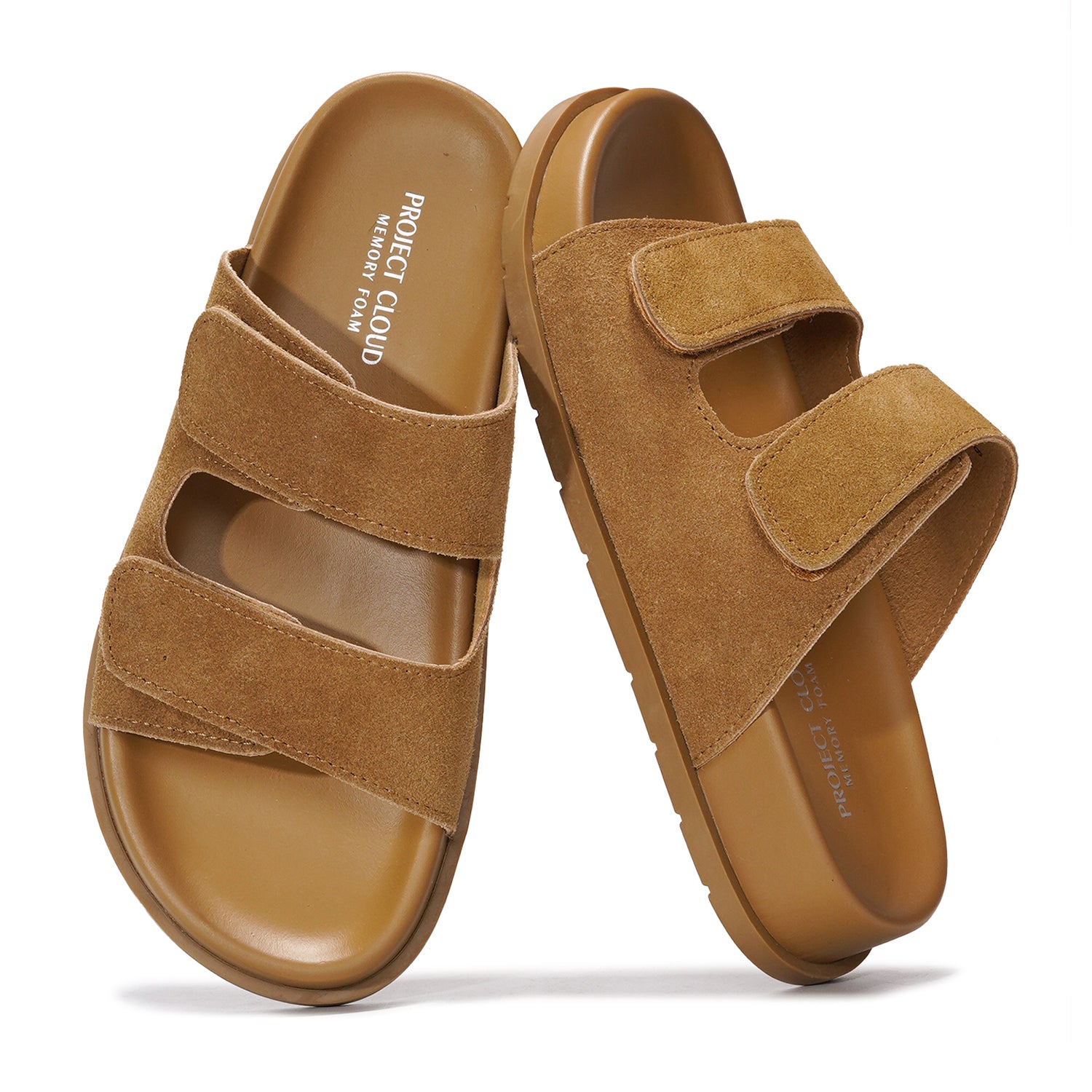 Project Cloud "Sleek" Platform Sandals, brown suede upper with memory foam, adjustable straps, and platform sole for women.
