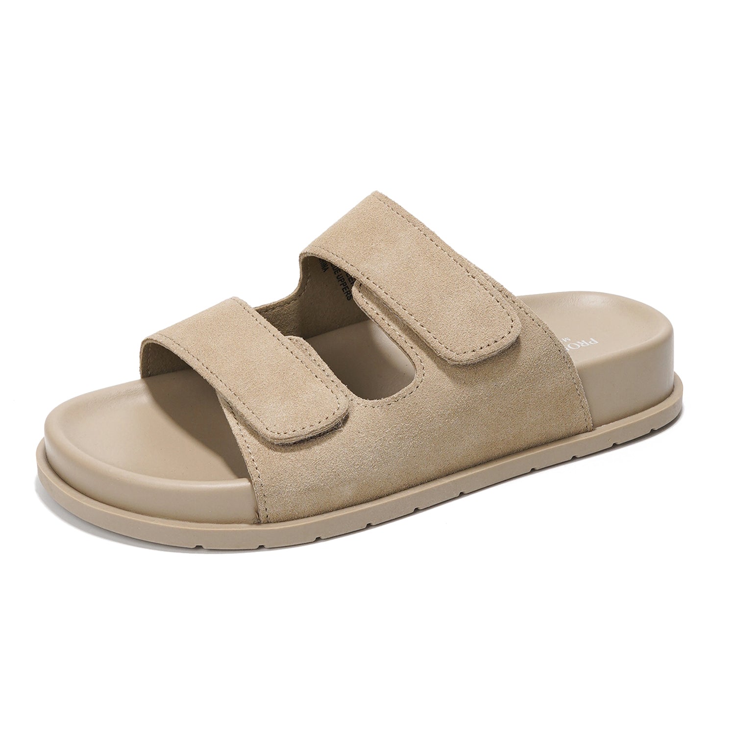Project Cloud Sleek Platform Sandals, beige suede upper with adjustable straps, comfortable memory foam
