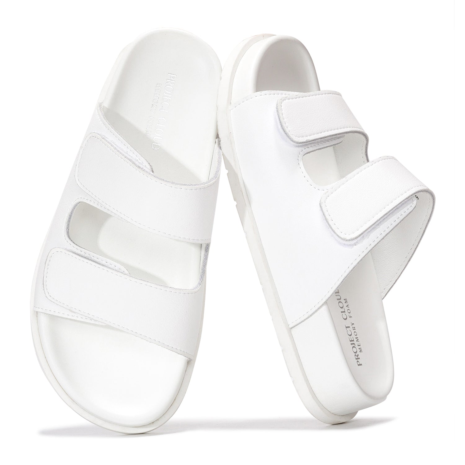 Project Cloud Sleek Platform Sandals for Women in White Leather, Adjustable Straps, Memory Foam