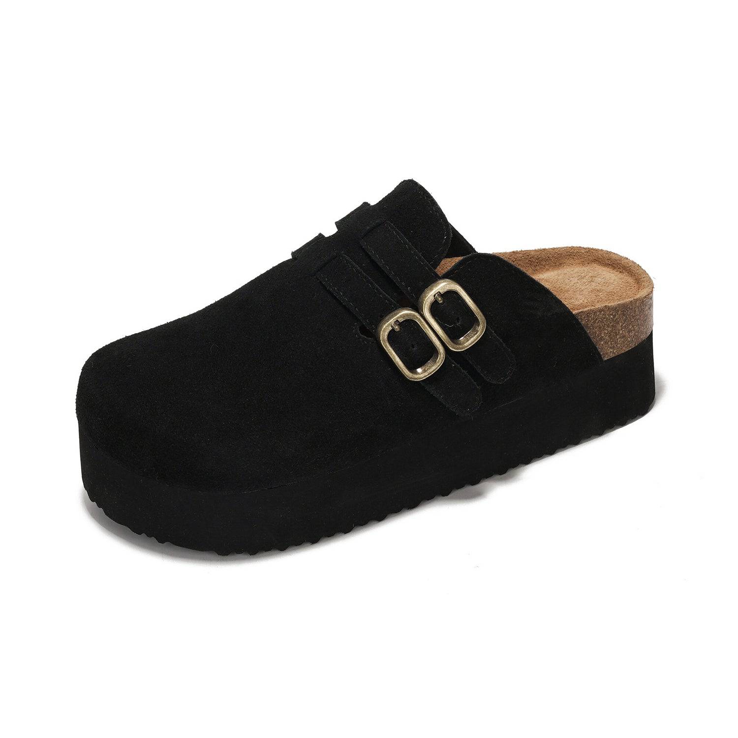 Project Cloud Stephi Clogs in black suede with double buckle detail and platform sole for women
