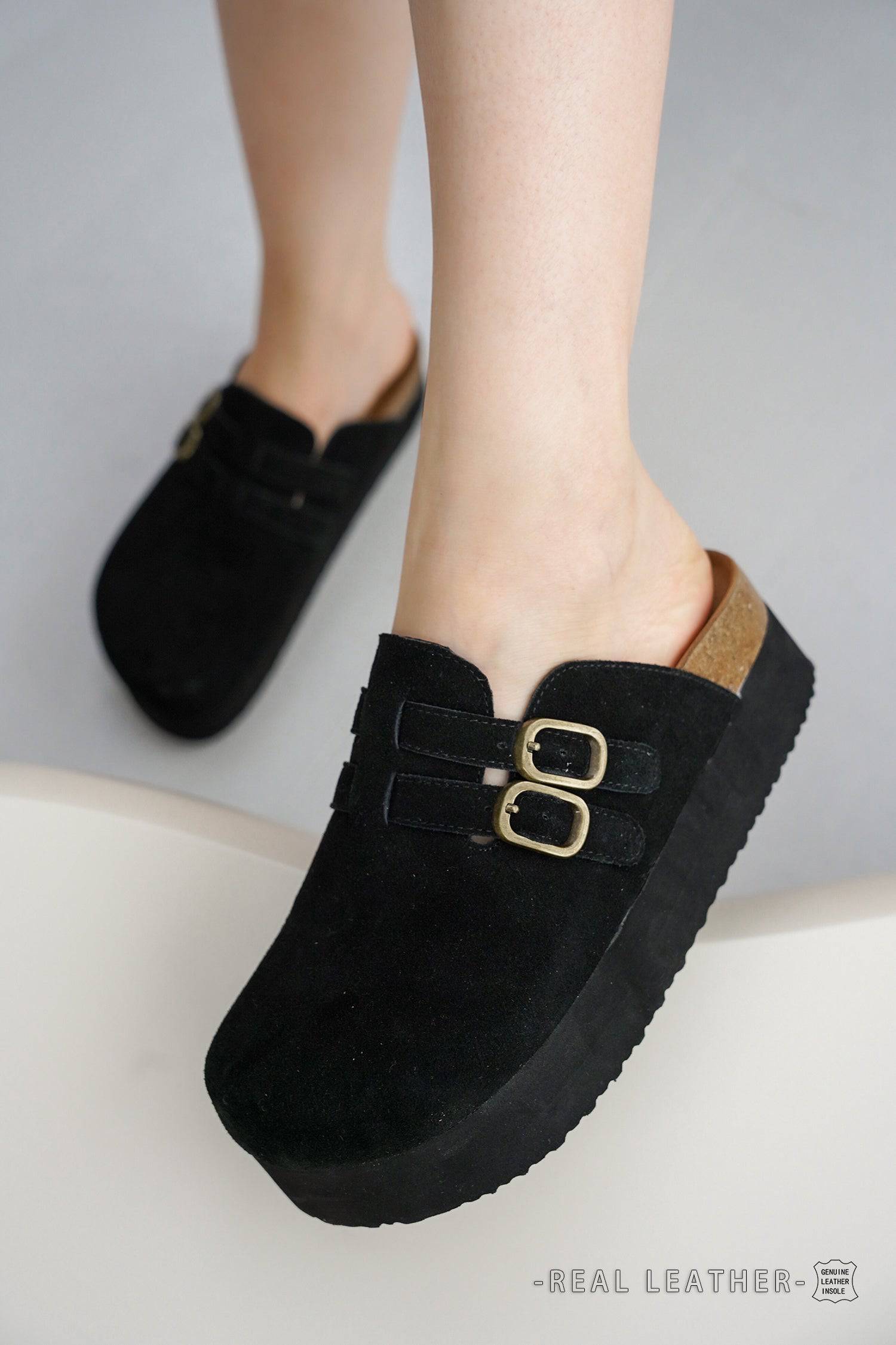 Project Cloud Stephi Clogs in black suede with double buckle detail and platform sole, real leather insole for women