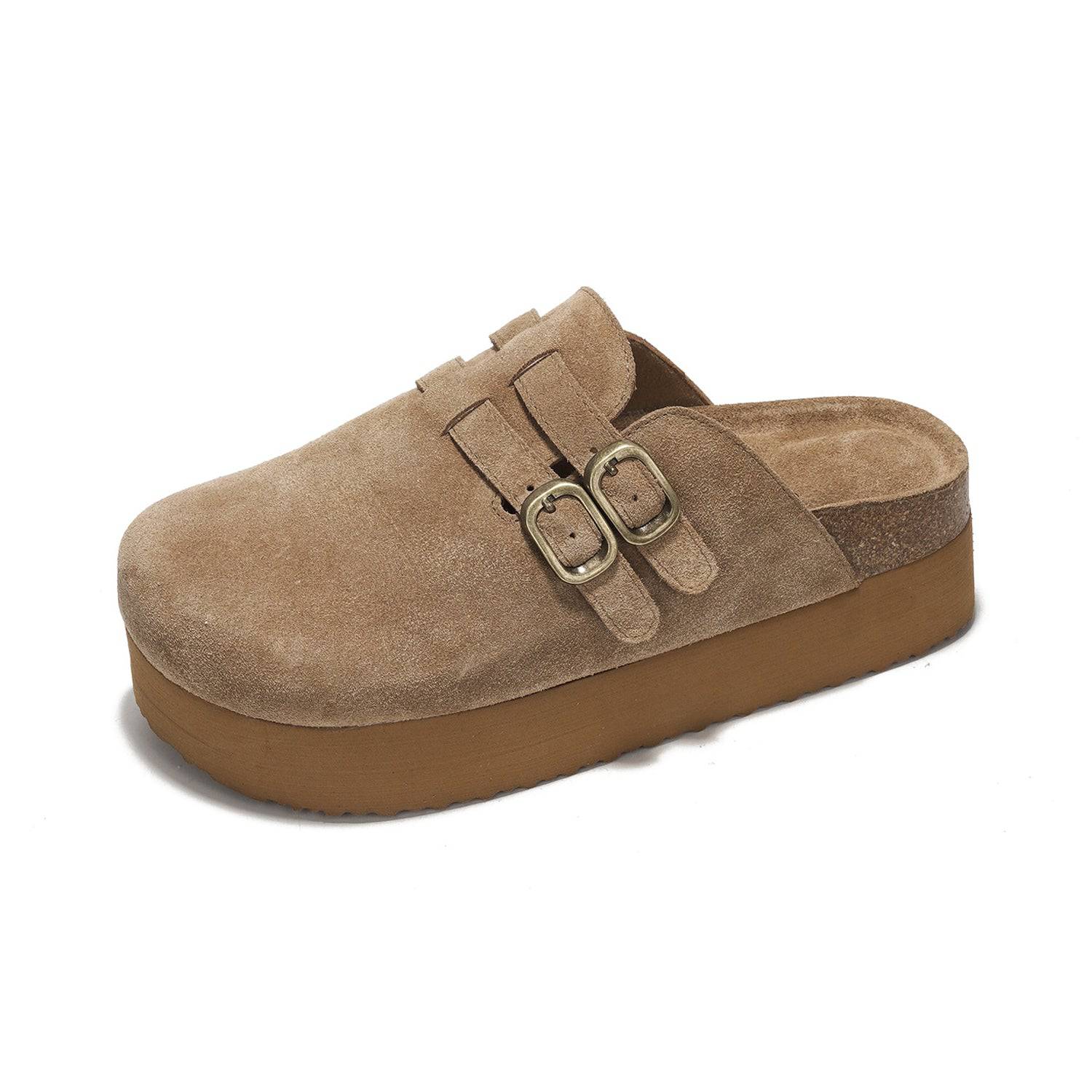 Project Cloud Stephi Clogs in taupe suede with buckle details, platform sole, and memory foam for women