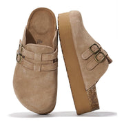 Project Cloud Stephi Clogs in taupe suede, featuring double buckle detail and platform sole for women