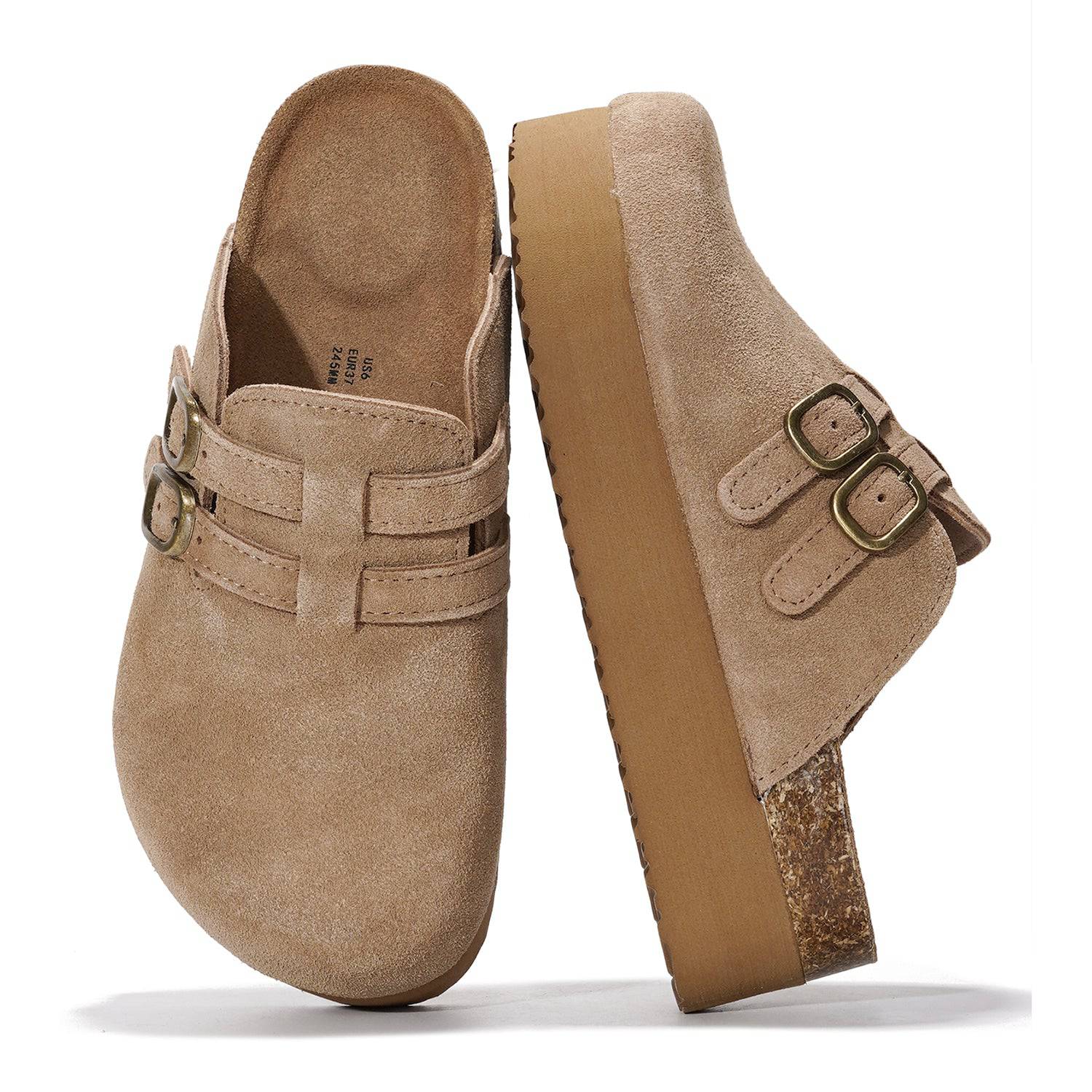 Project Cloud Stephi Clogs in taupe suede, featuring double buckle detail and platform sole for women