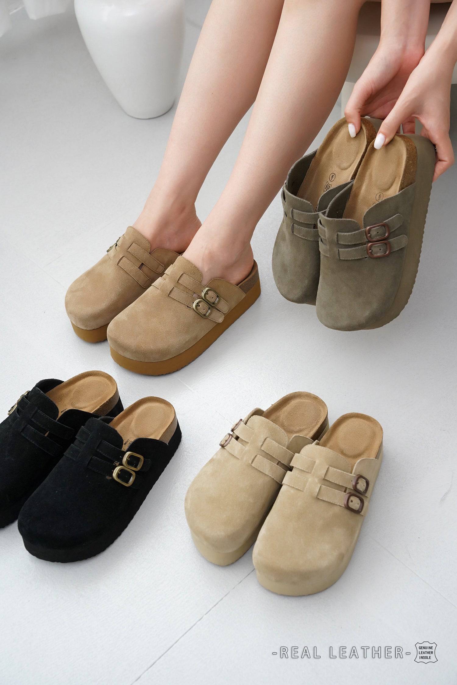 Project Cloud Stephi clogs for women in various colors, featuring double buckle detail, real leather insole and platform sole