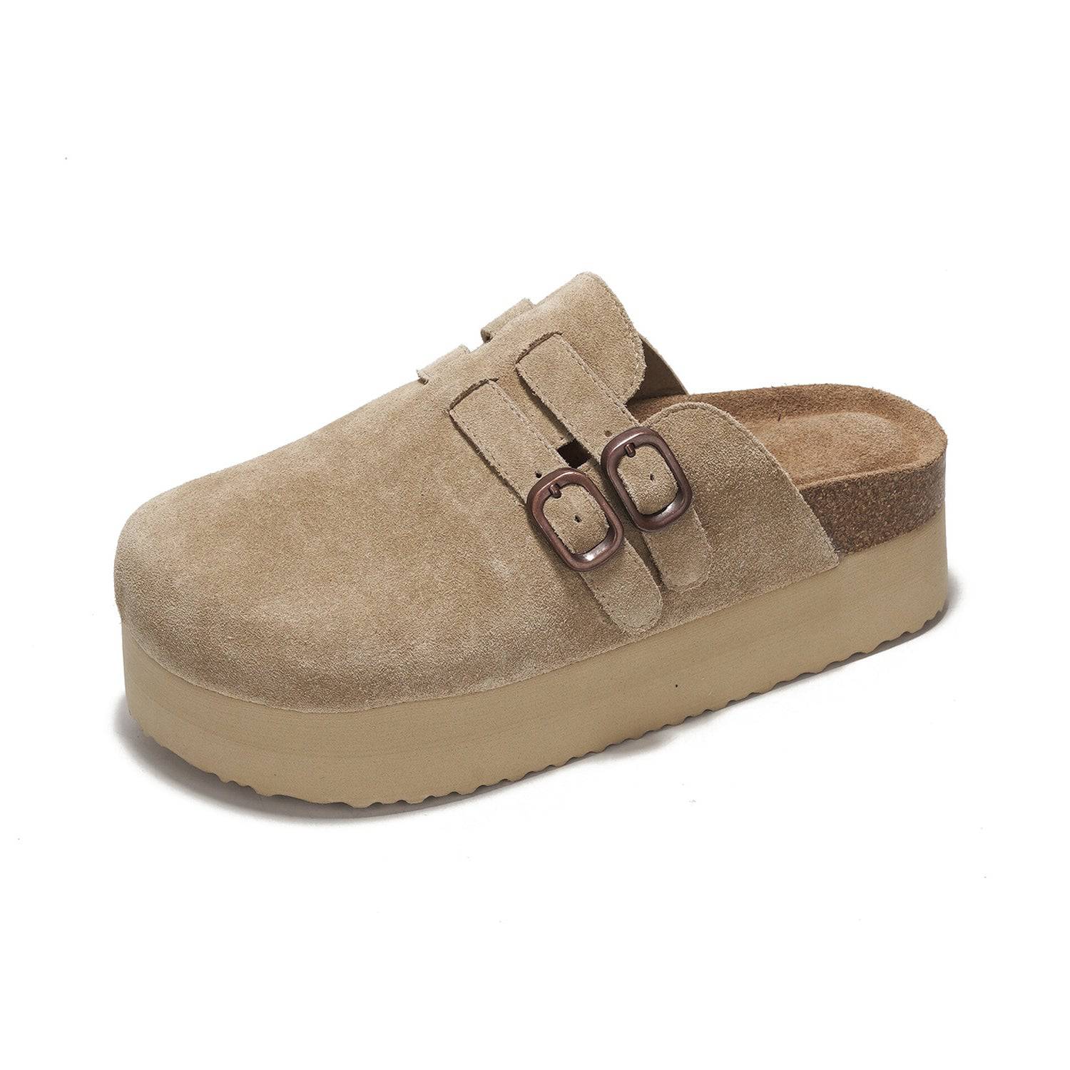 Project Cloud Stephi clogs in taupe suede with double buckle detail and platform sole for women