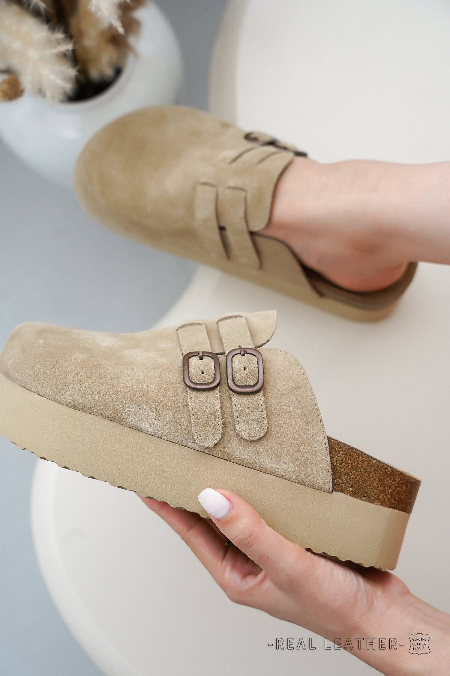 Project Cloud Stephi Clogs in taupe suede, platform sole, double buckle detail, real leather insole for women